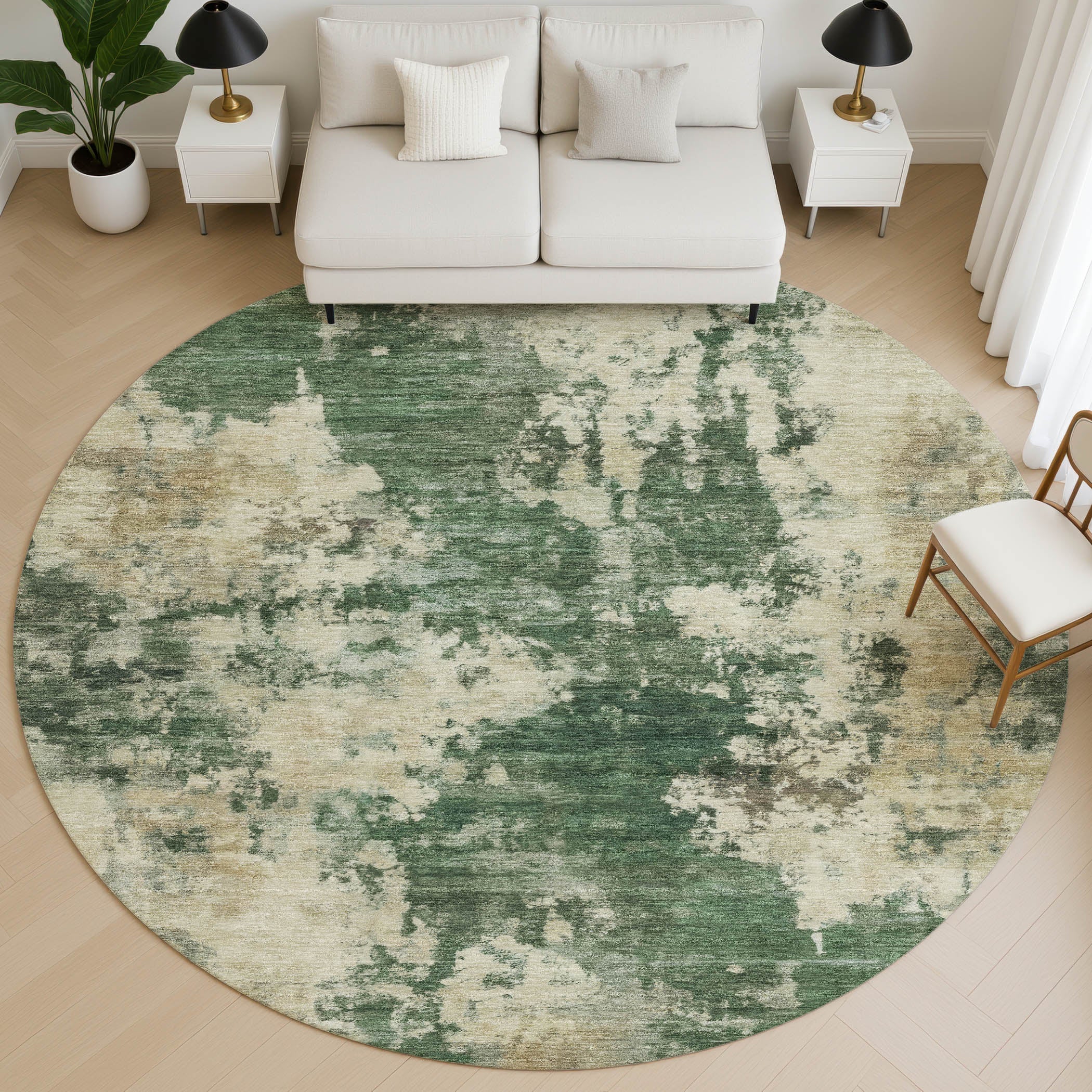 Seoul Machine Washable Transitional Fern Green Rug 8' x 8' #shape_Round