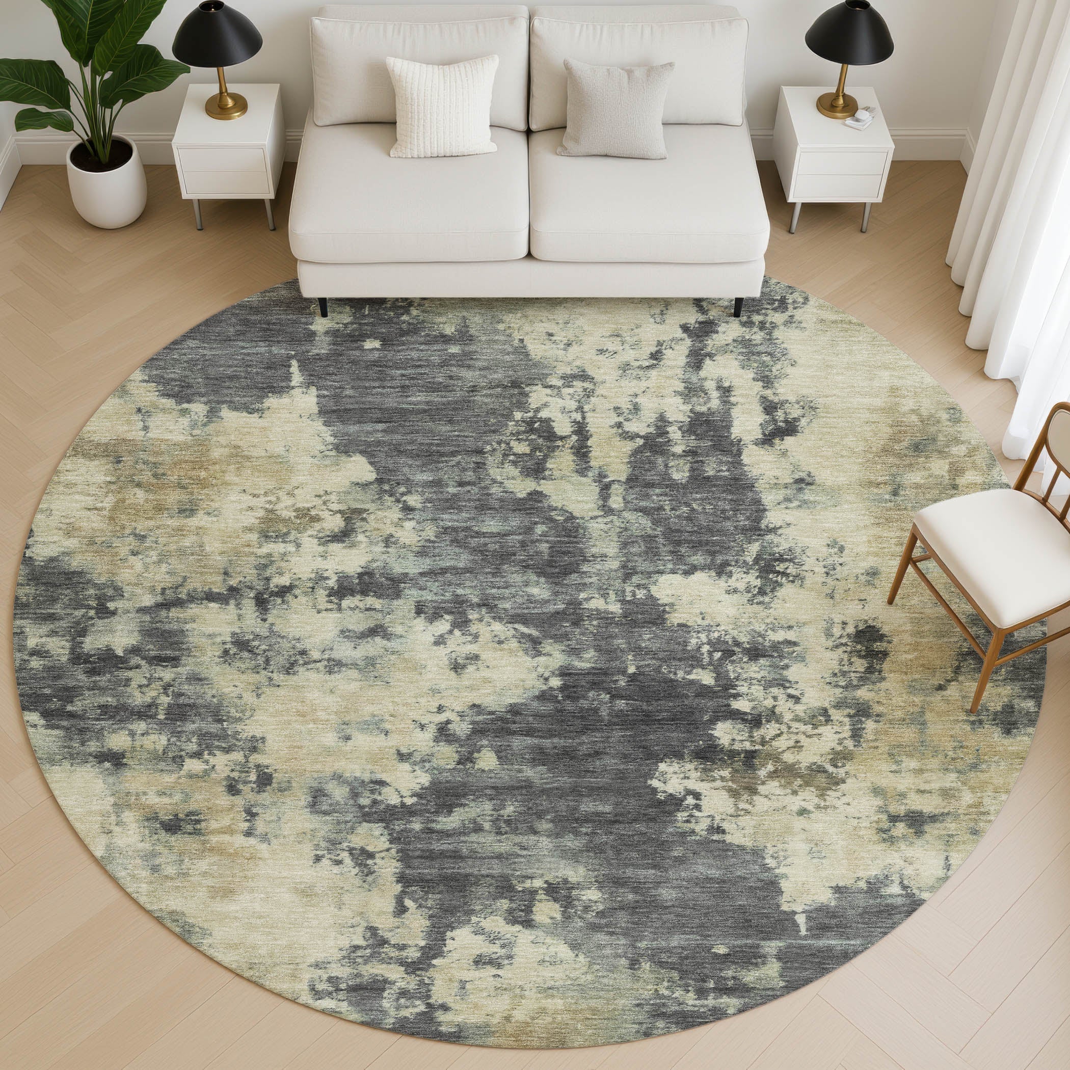Seoul Machine Washable Transitional Gray Rug 8' x 8' #shape_Round