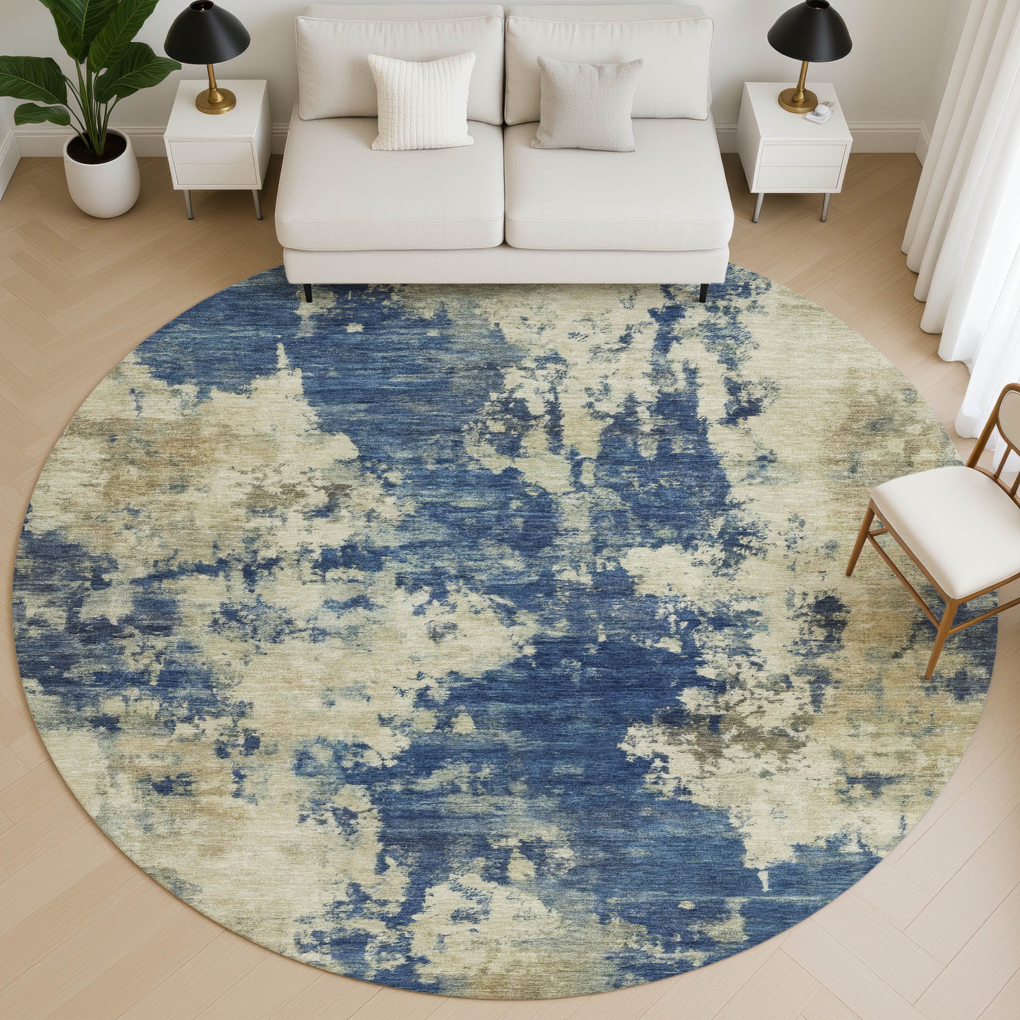 Seoul Machine Washable Transitional Navy Blue Rug 8' x 8' #shape_Round