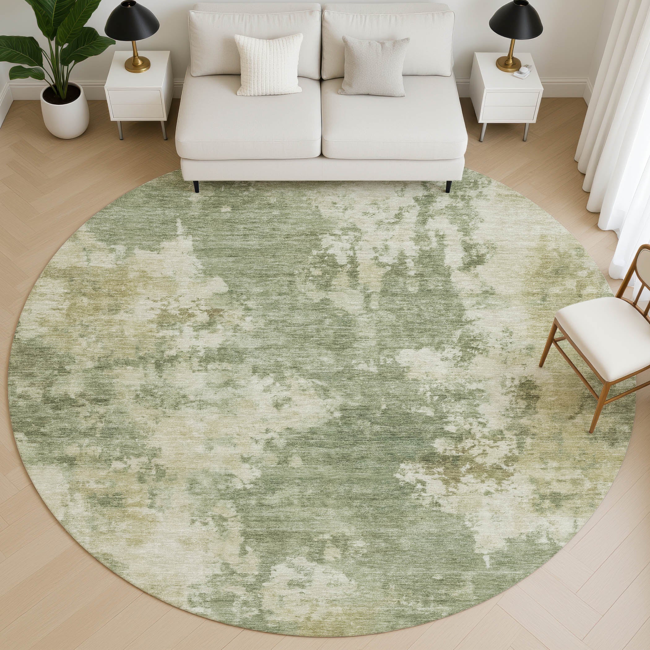Seoul Machine Washable Transitional Sage Green Rug 8' x 8' #shape_Round