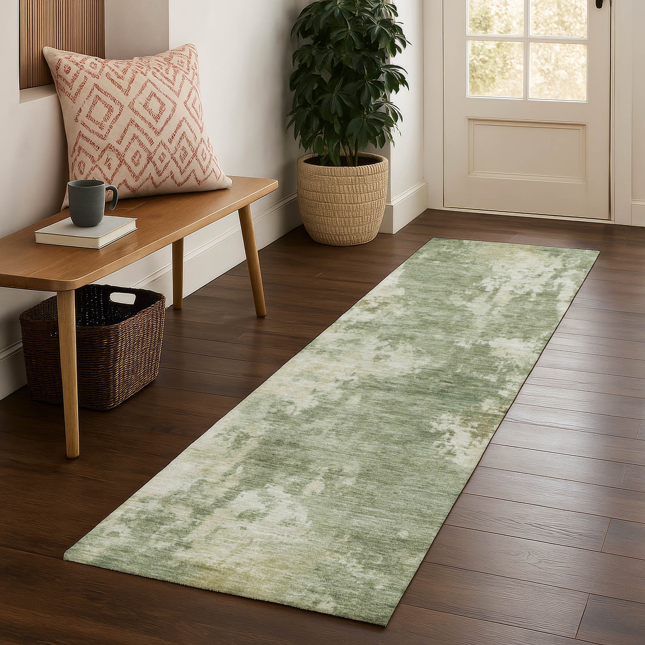 Seoul Machine Washable Transitional Sage Green Rug 2'3" x 7'6" #shape_Runner