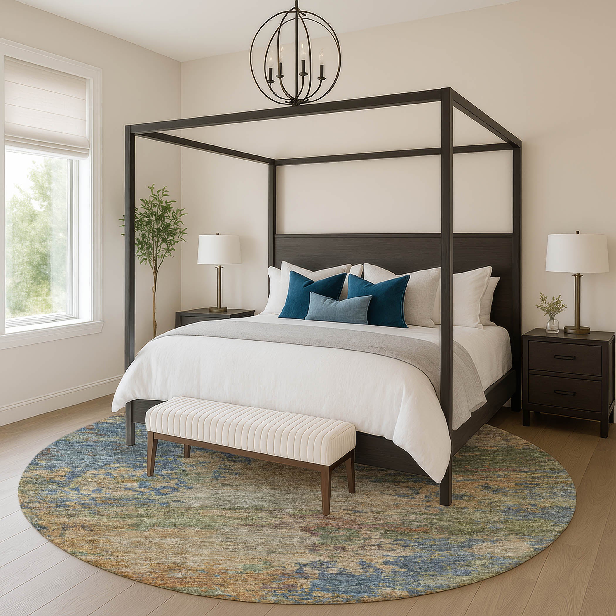 Bangkok Machine Washable Transitional Denim Blue Rug 8' x 8' #shape_Round