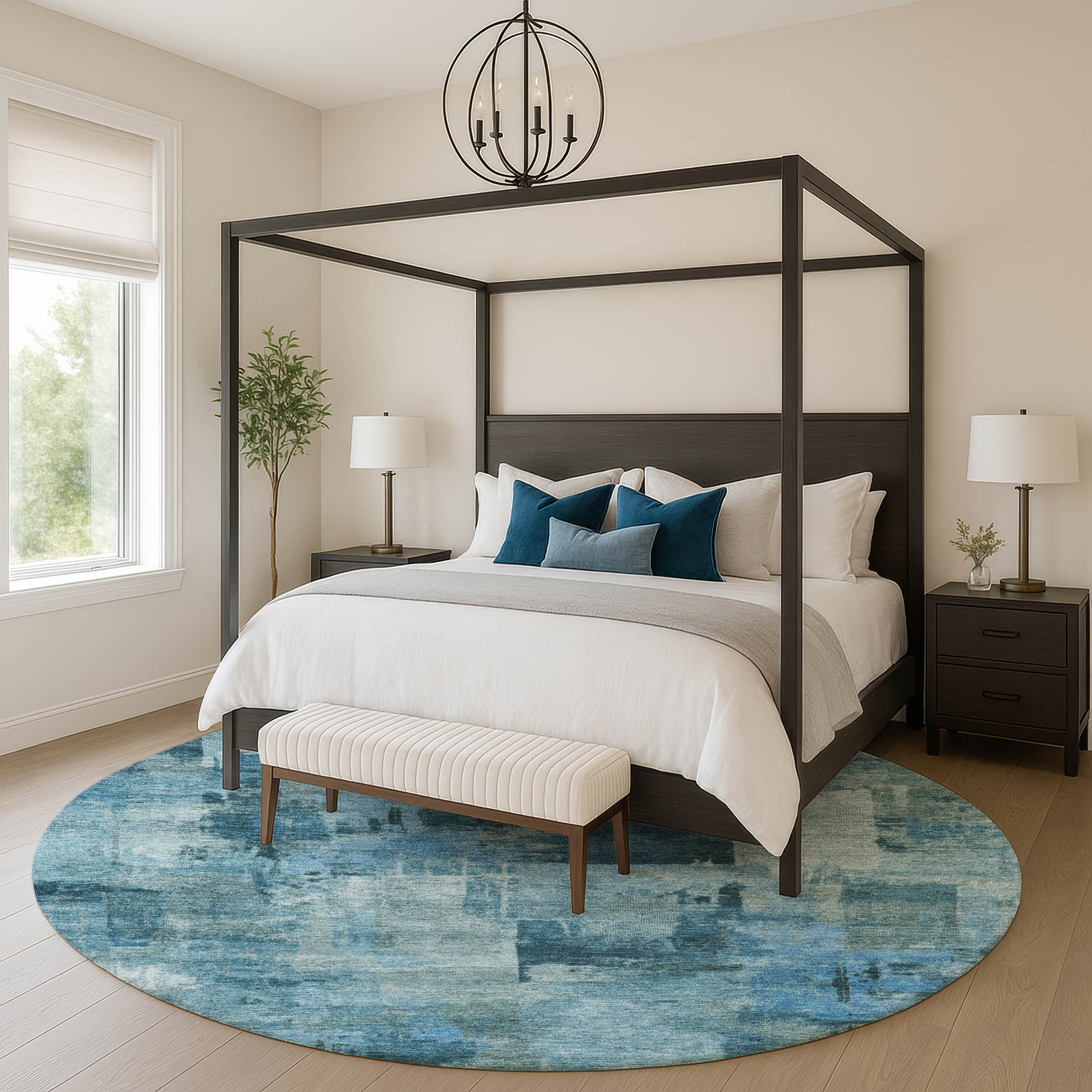 Seville Machine Washable Transitional Blue Rug 8' x 8' #shape_Round