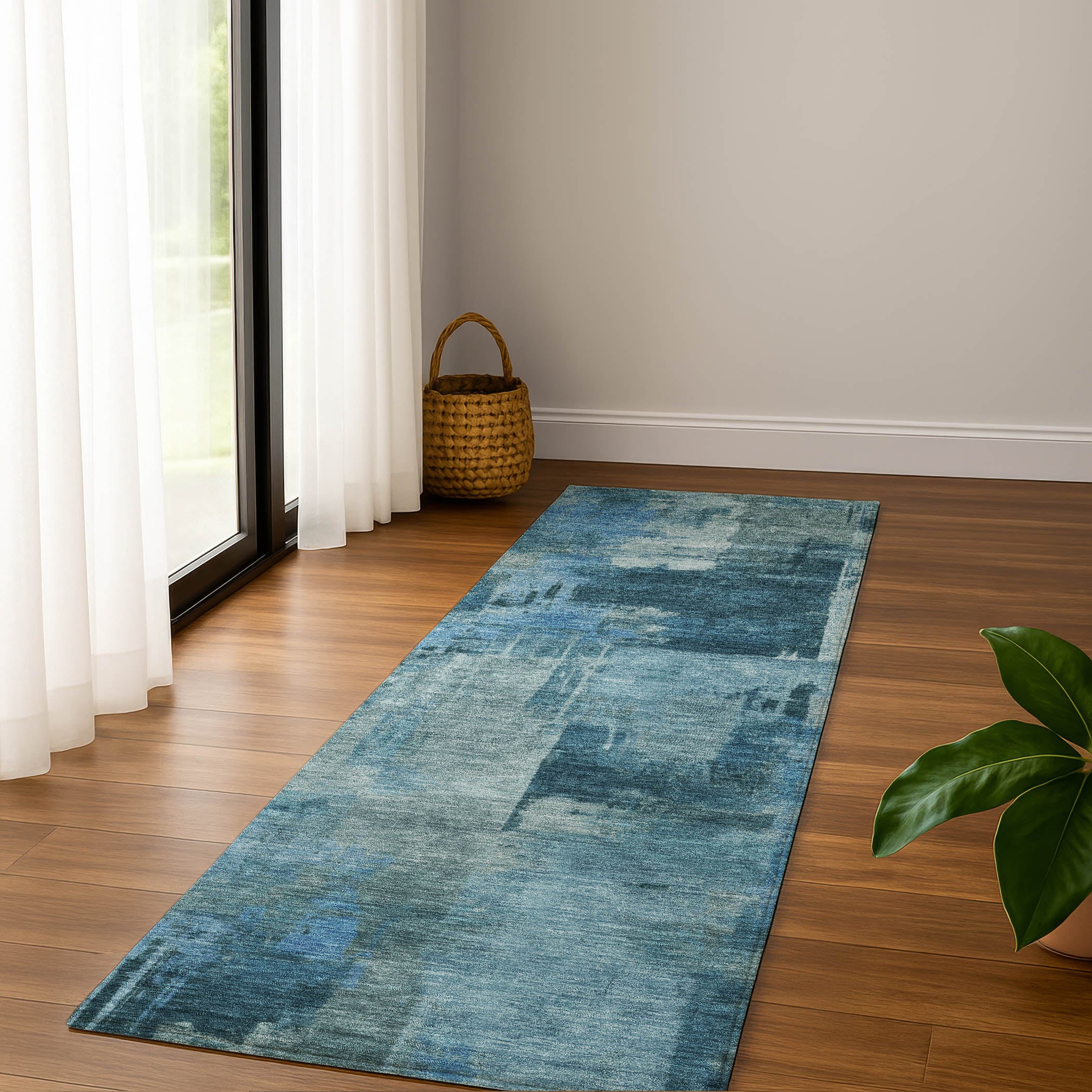Seville Machine Washable Transitional Blue Rug 2'3" x 7'6" #shape_Runner