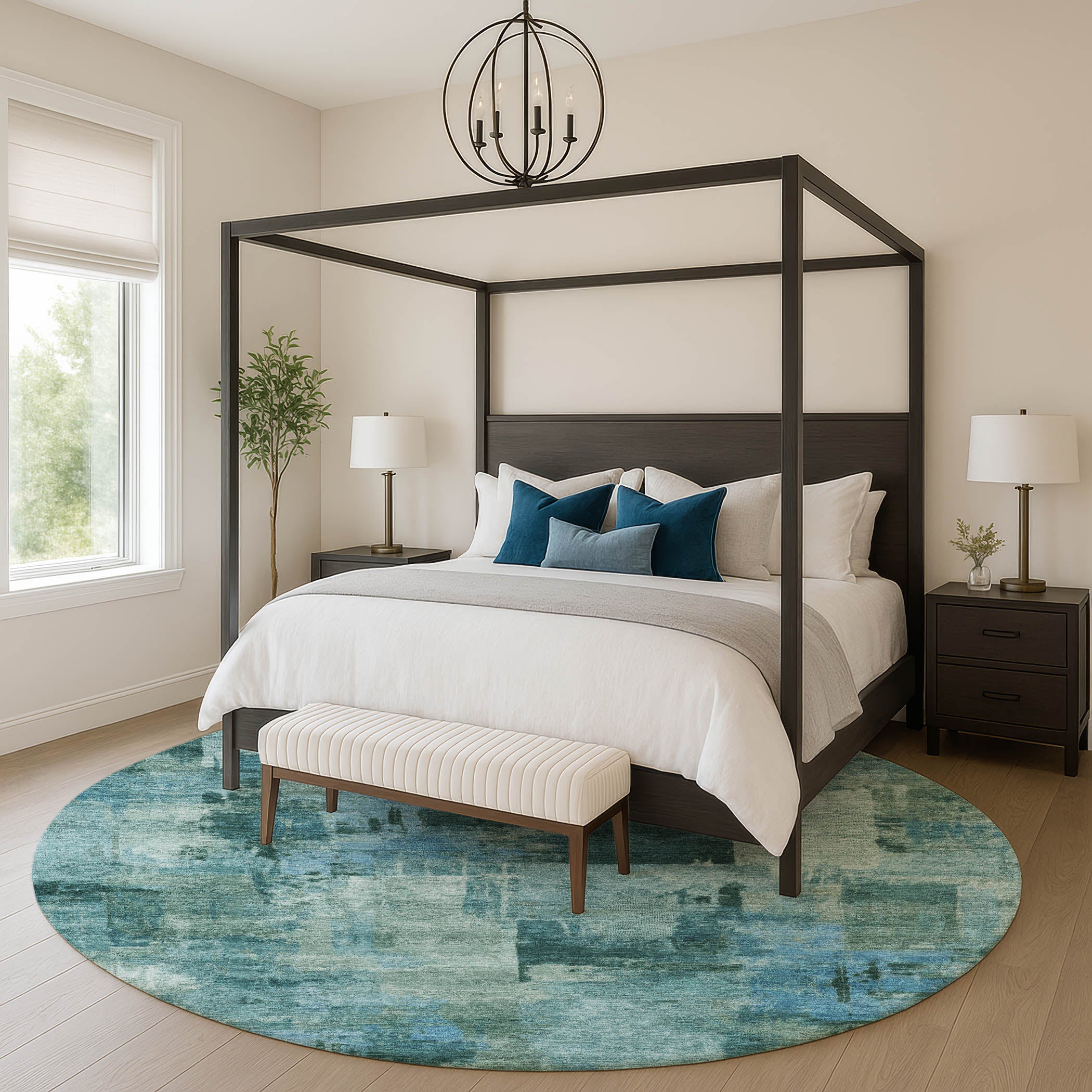 Seville Machine Washable Transitional Teal Rug 8' x 8' #shape_Round