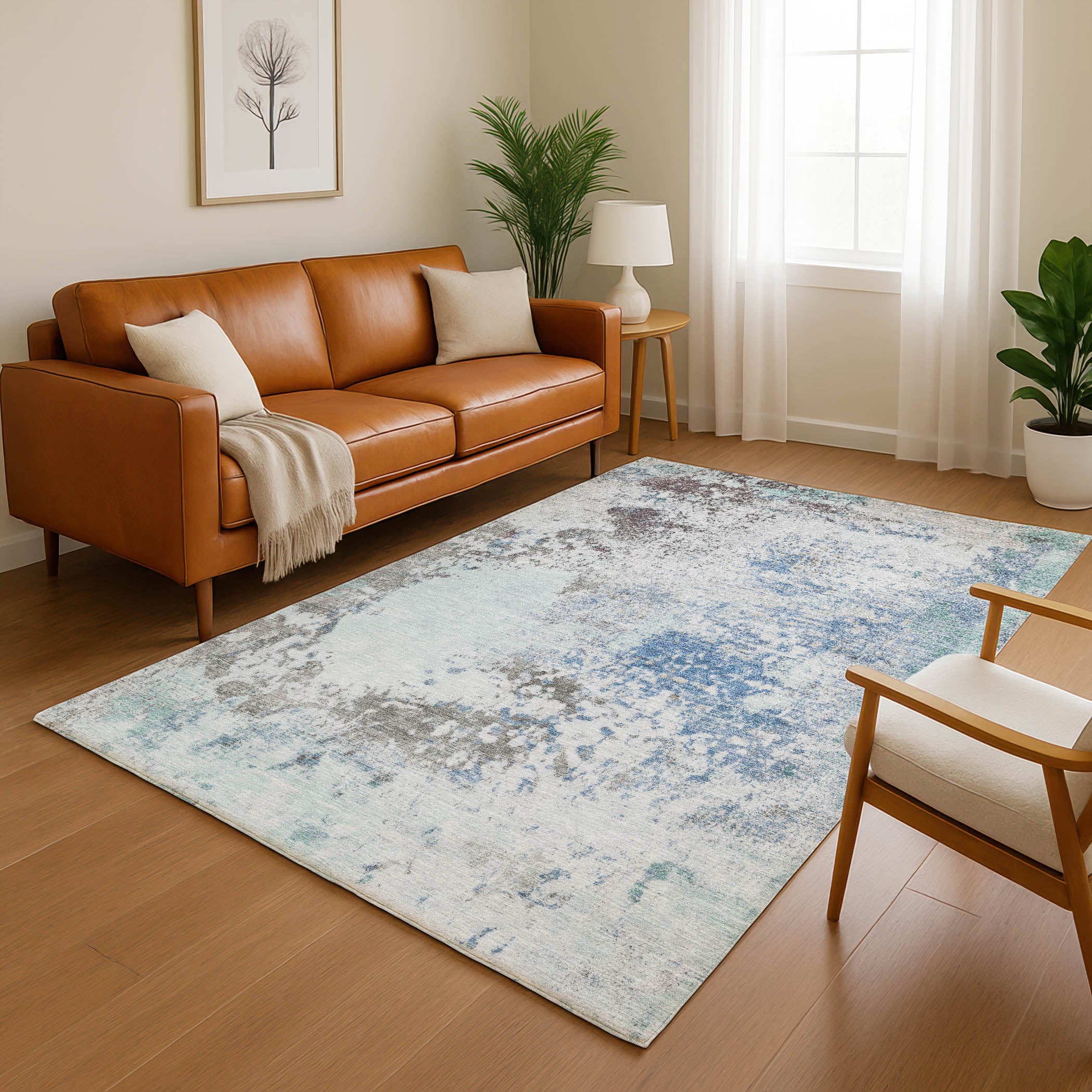Santorini Machine Washable Transitional Turquoise Teal Rug 2'6" x 3'10" #shape_Rectangle