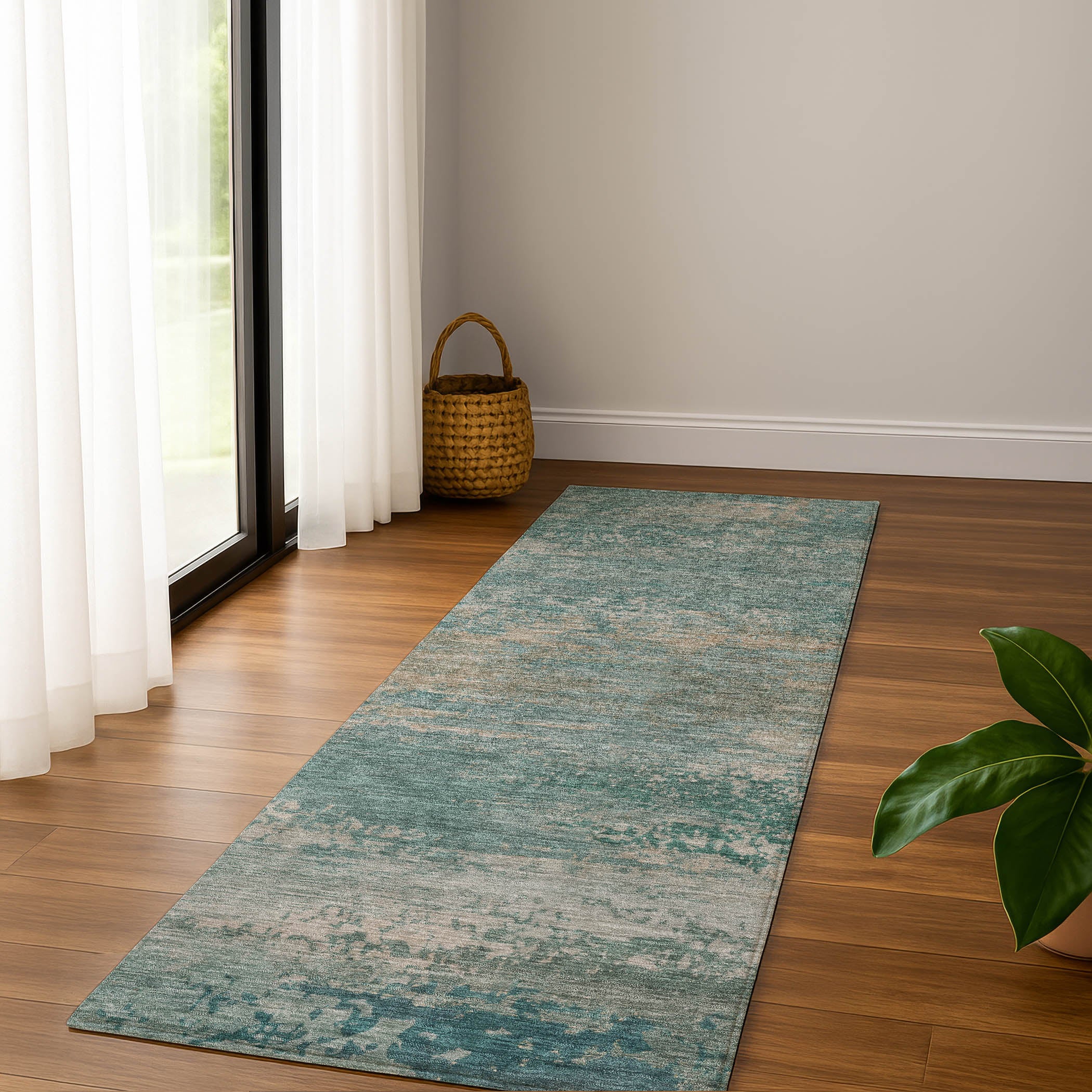 Chiang Mai Machine Washable Transitional Aqua Teal Rug 2'3" x 7'6" #shape_Runner
