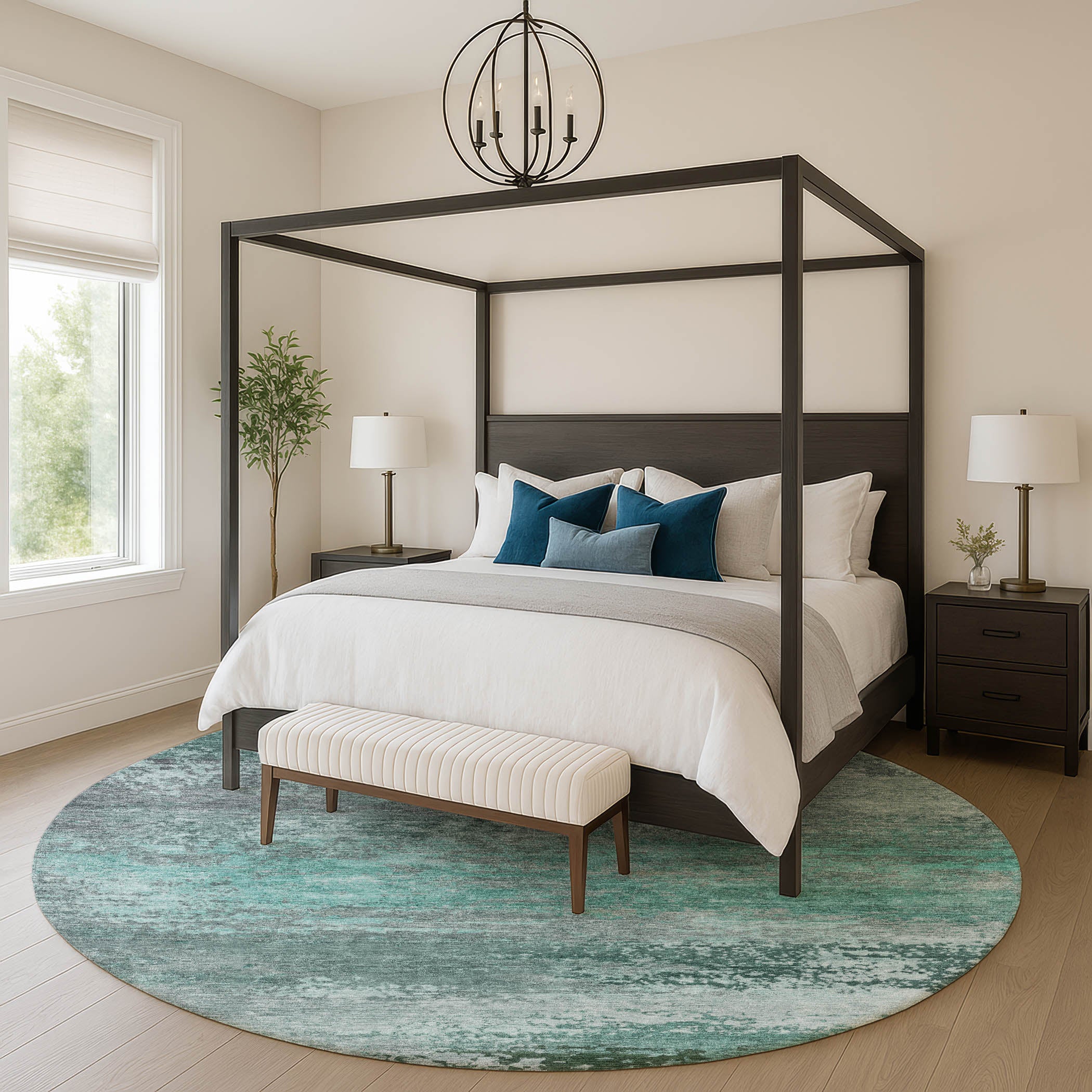 Chiang Mai Machine Washable Transitional Teal Rug 8' x 8' #shape_Round