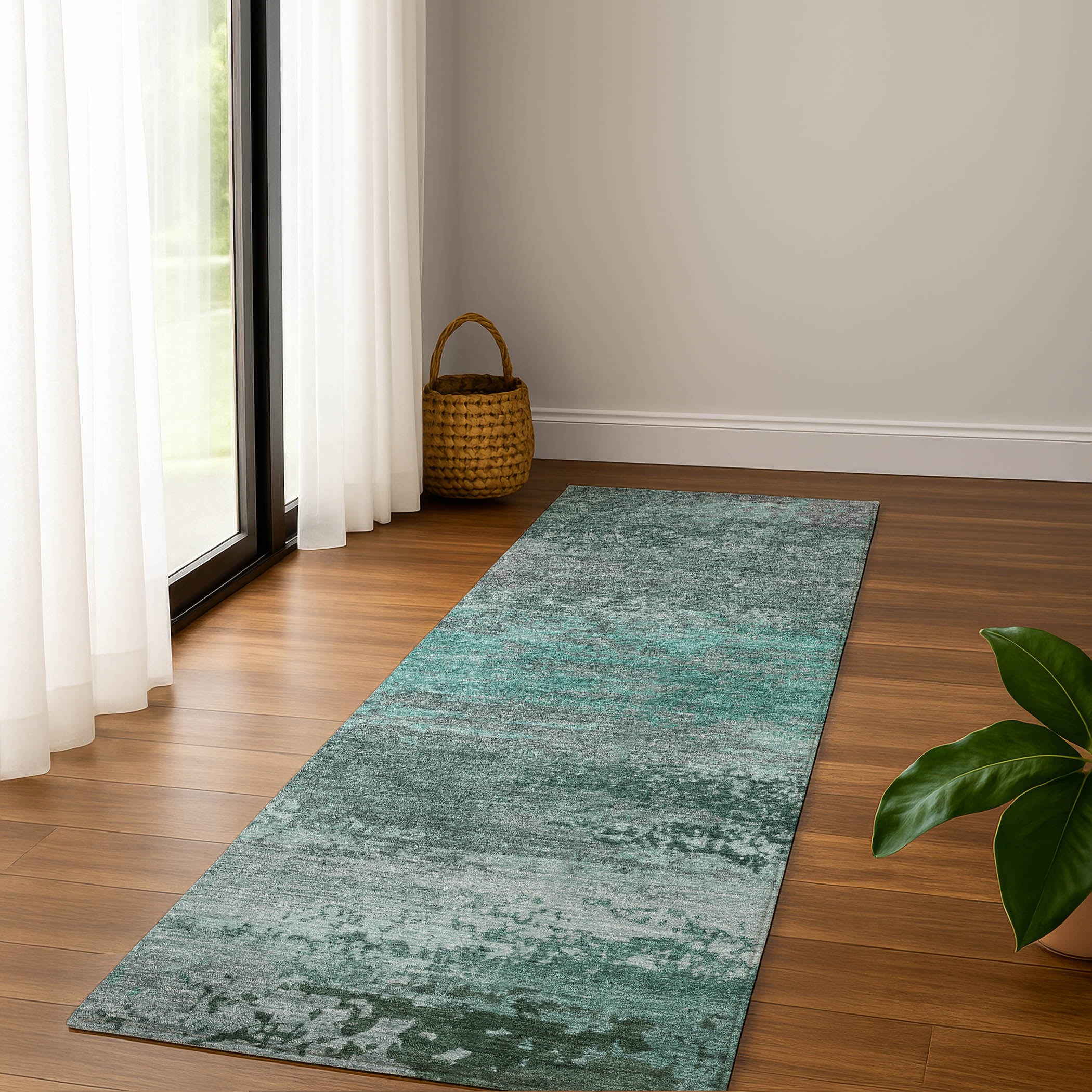 Chiang Mai Machine Washable Transitional Teal Rug 2'3" x 7'6" #shape_Runner