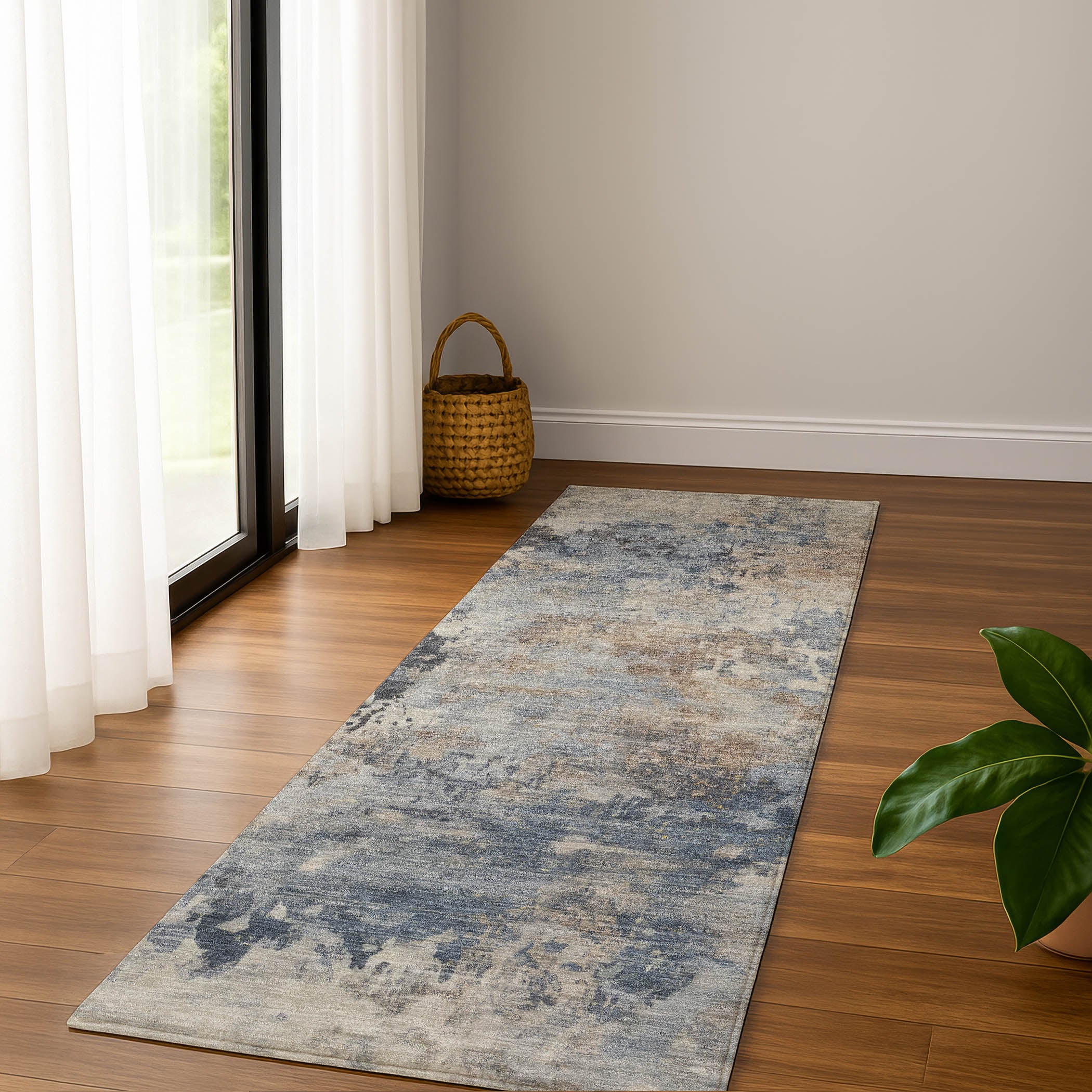 Santorini Machine Washable Transitional Denim Blue Rug 2'3" x 7'6" #shape_Runner