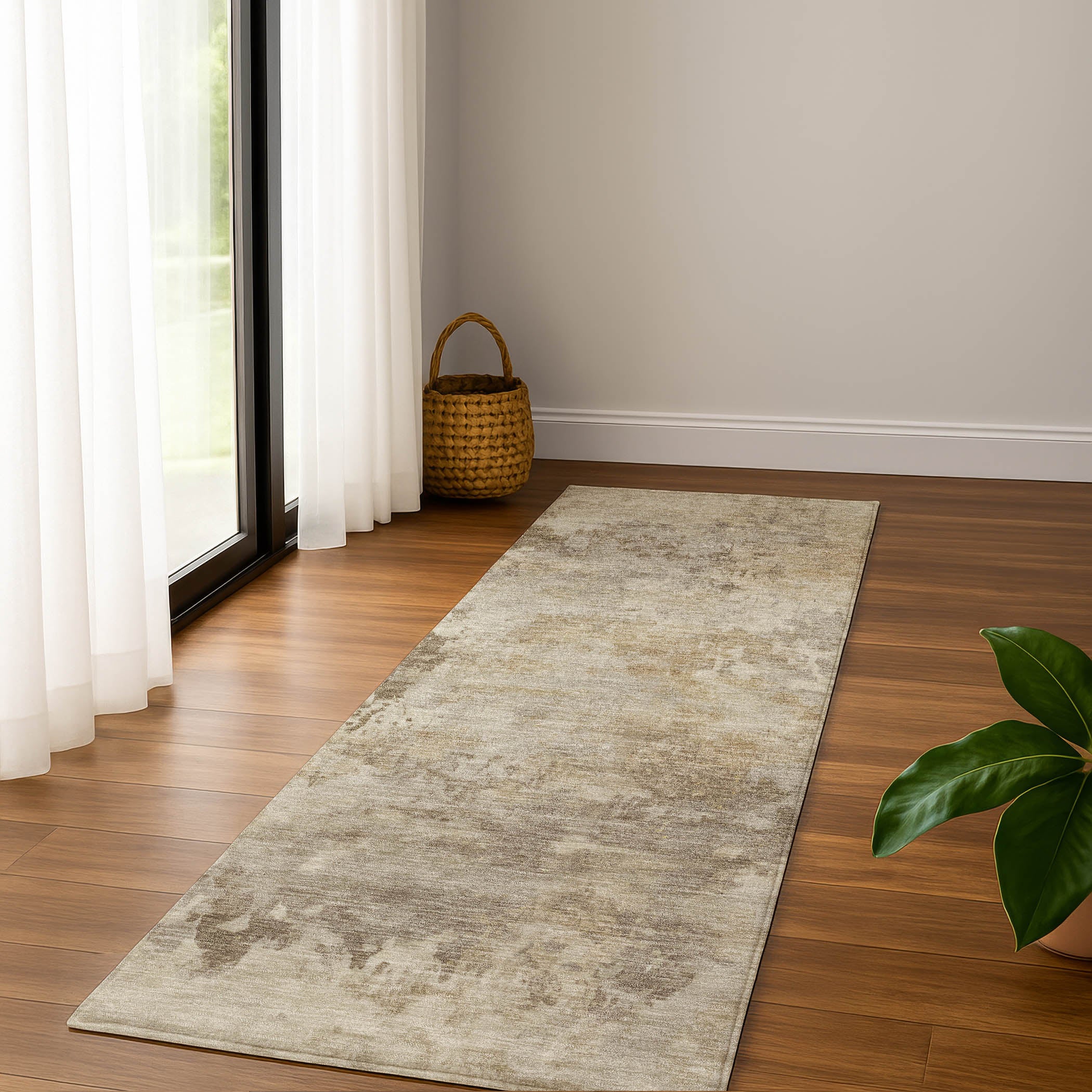 Santorini Machine Washable Transitional Tan Brown Rug 2'3" x 7'6" #shape_Runner