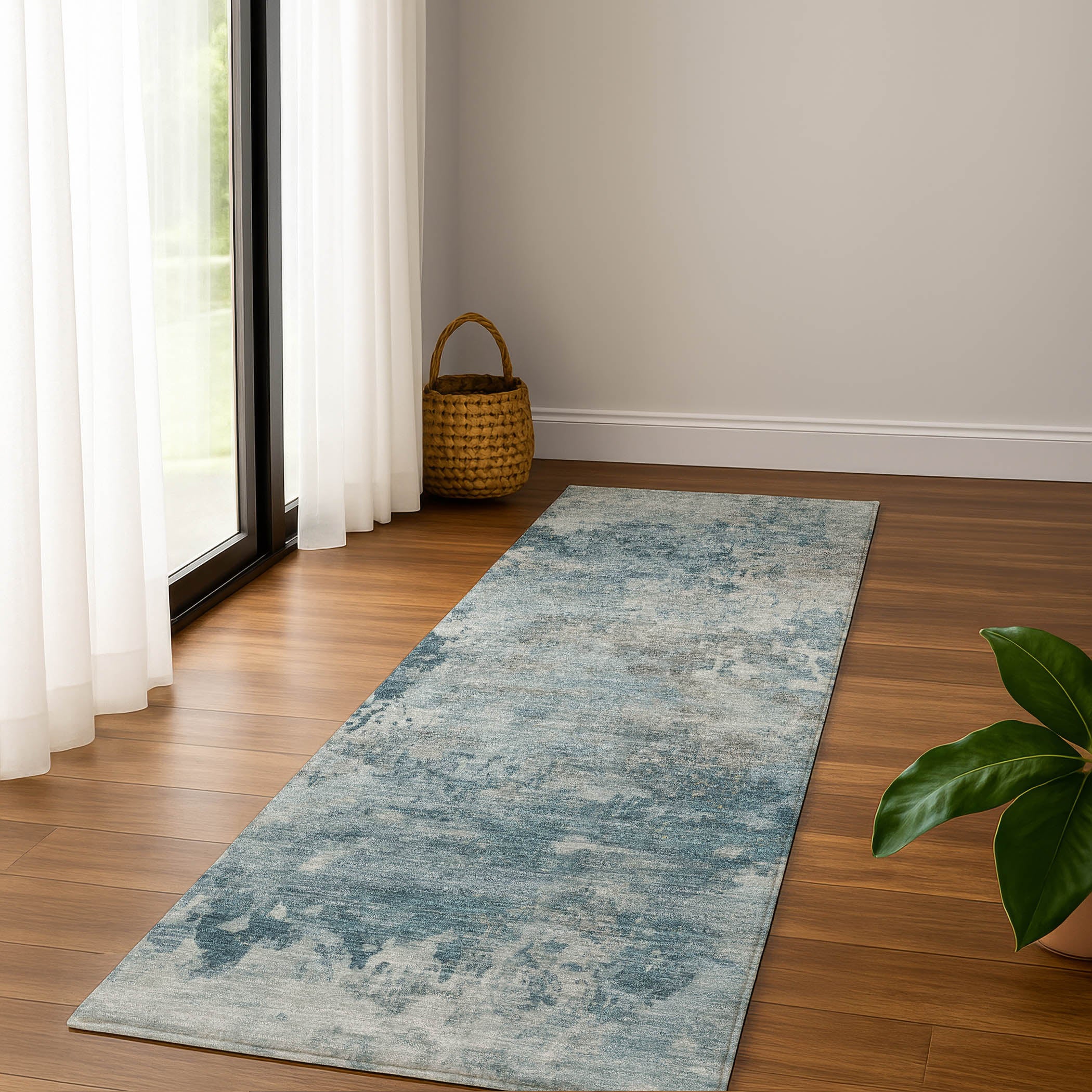 Santorini Machine Washable Transitional Teal Rug 2'3" x 7'6" #shape_Runner