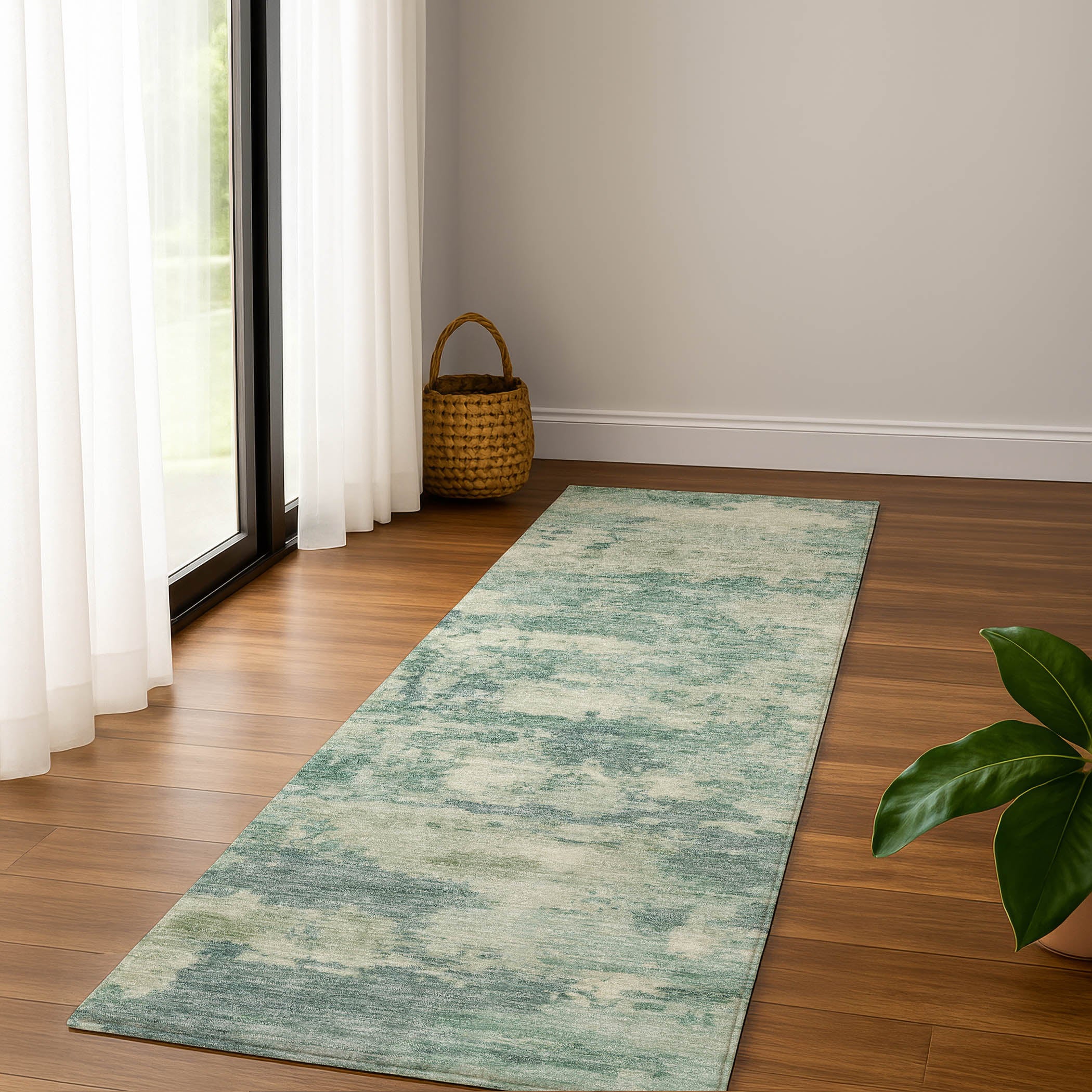 Cusco Machine Washable Transitional Teal Rug 2'3" x 7'6" #shape_Runner