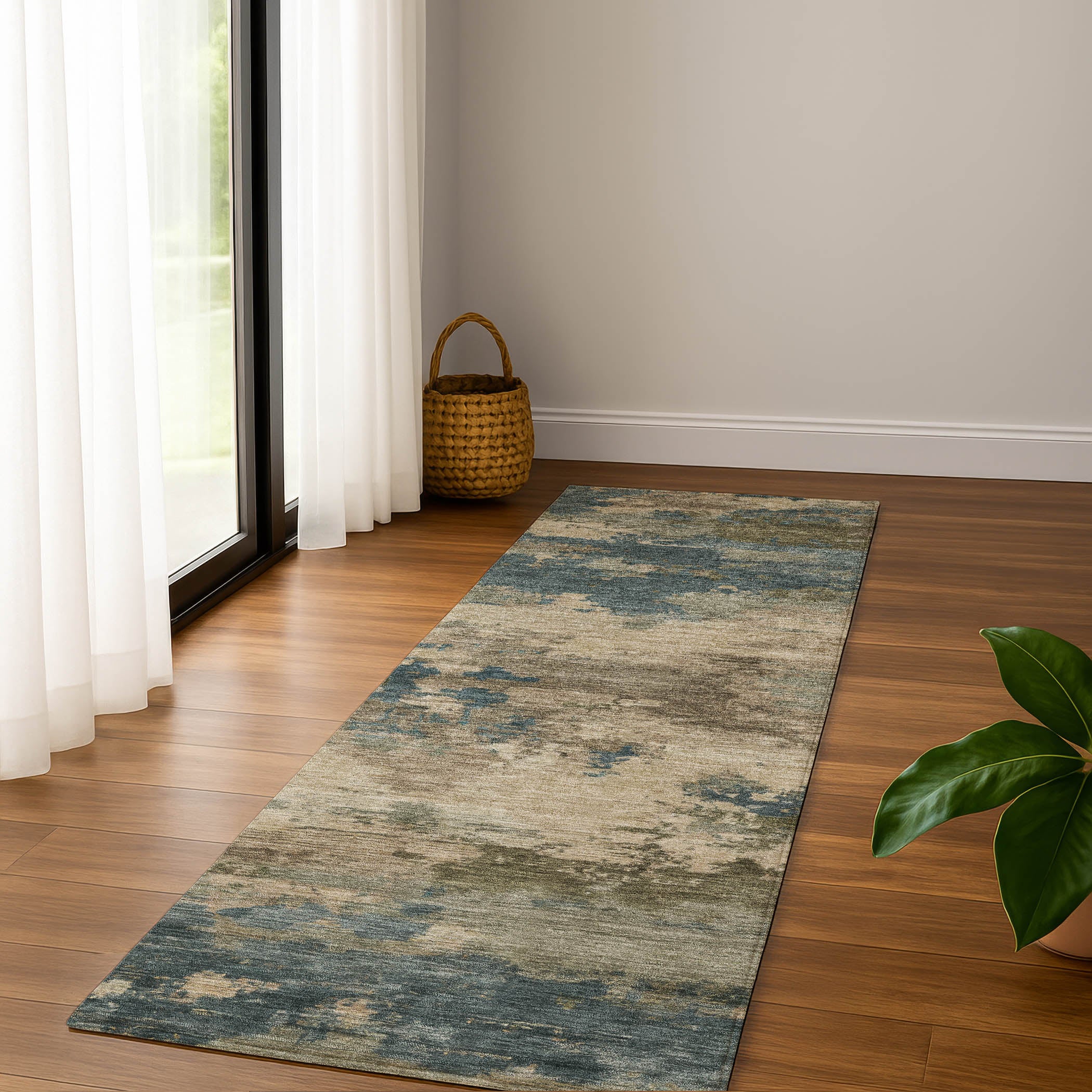 Seoul Machine Washable Transitional Teal Rug 2'3" x 7'6" #shape_Runner