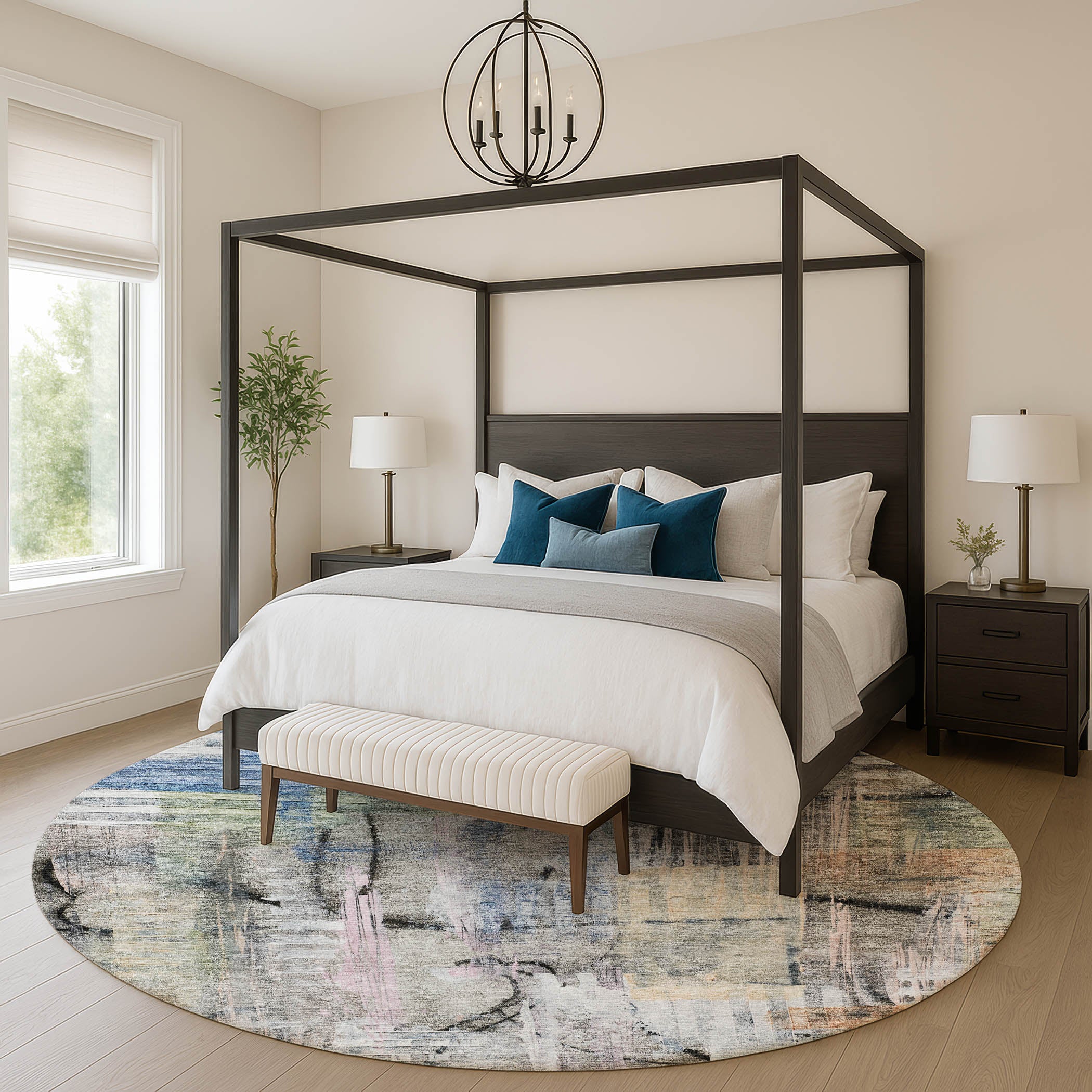 Hoi An Machine Washable Transitional Blue Rug 8' x 8' #shape_Round