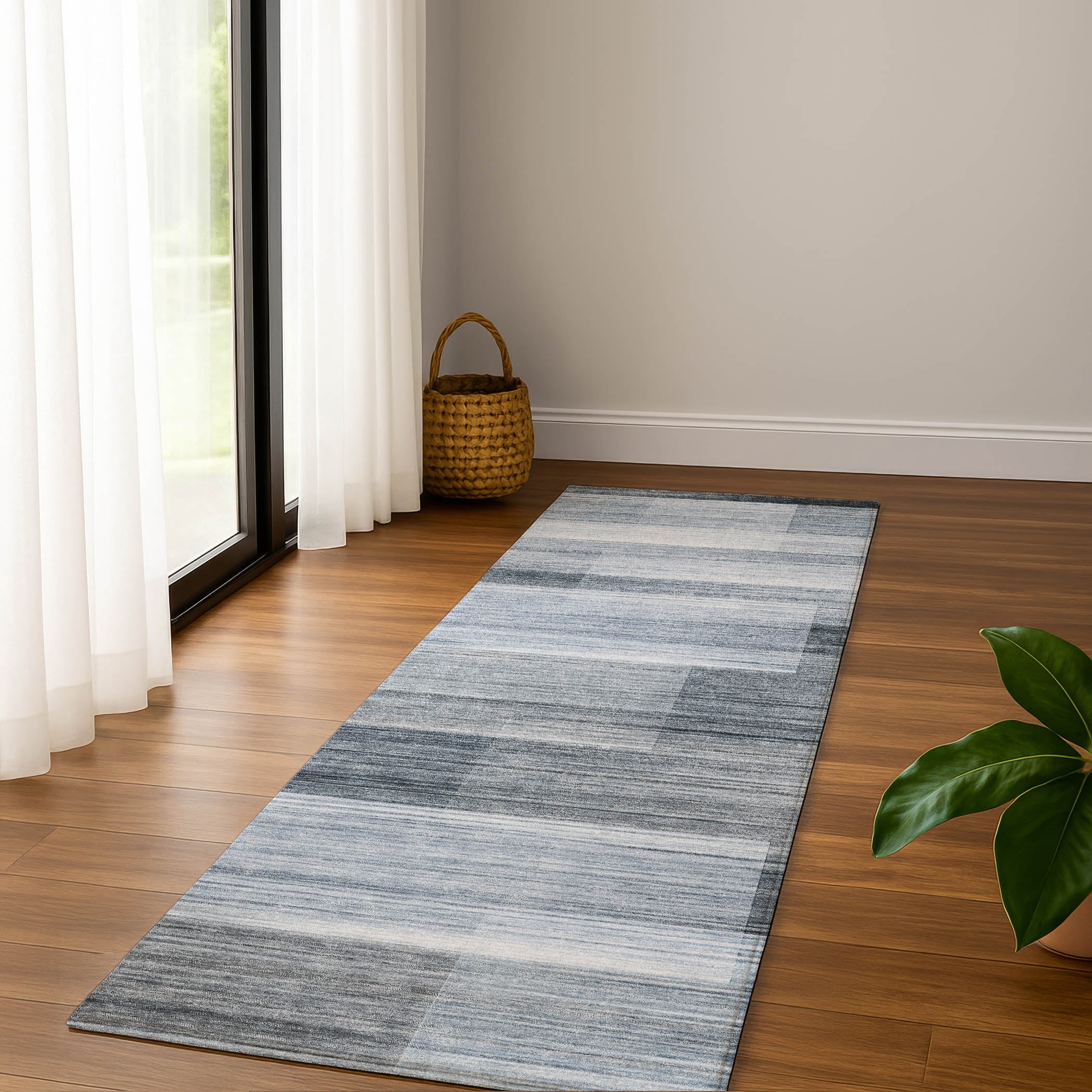 Prague Machine Washable Transitional Denim Blue Rug 2'3" x 7'6" #shape_Runner