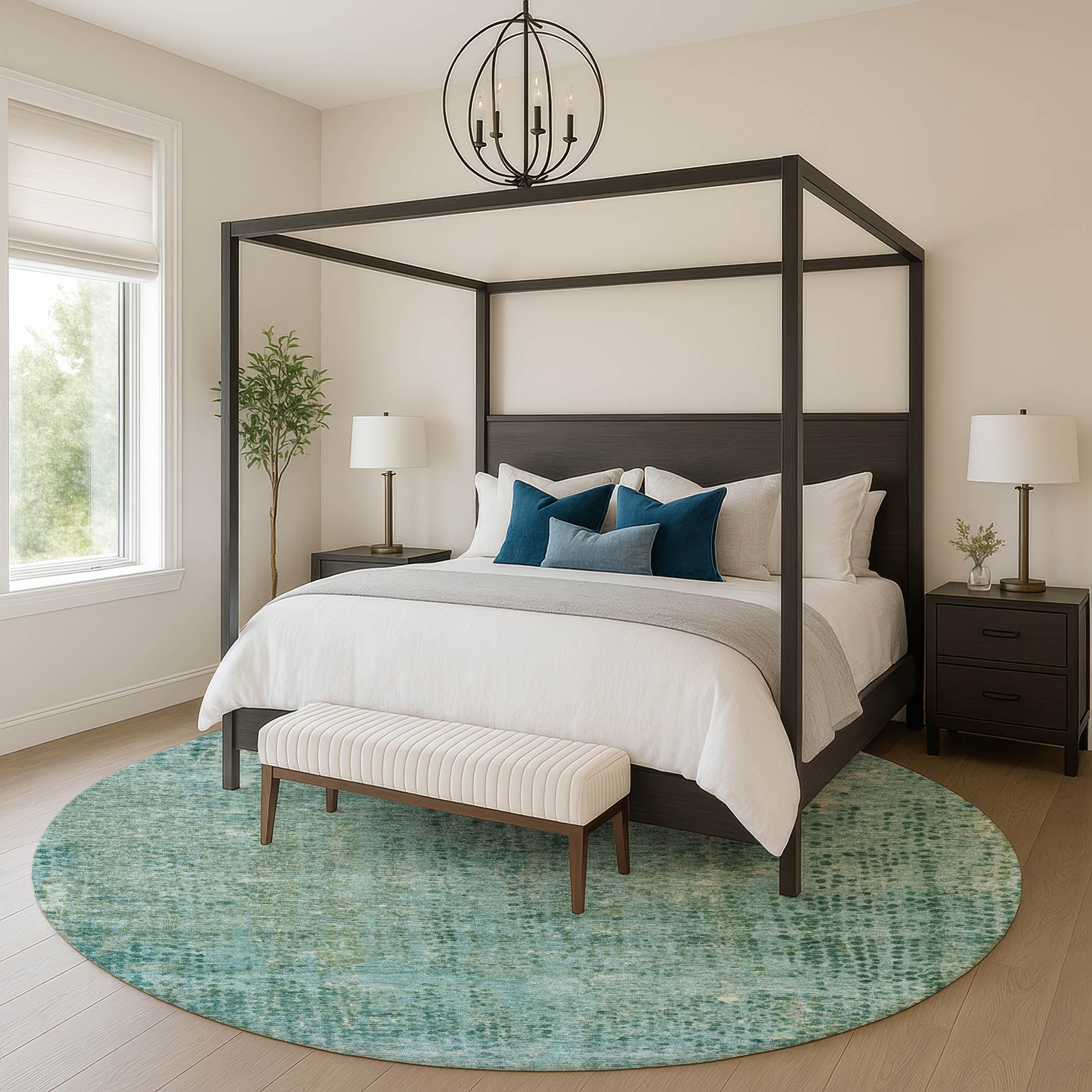 Prague Machine Washable Transitional Teal Rug 8' x 8' #shape_Round