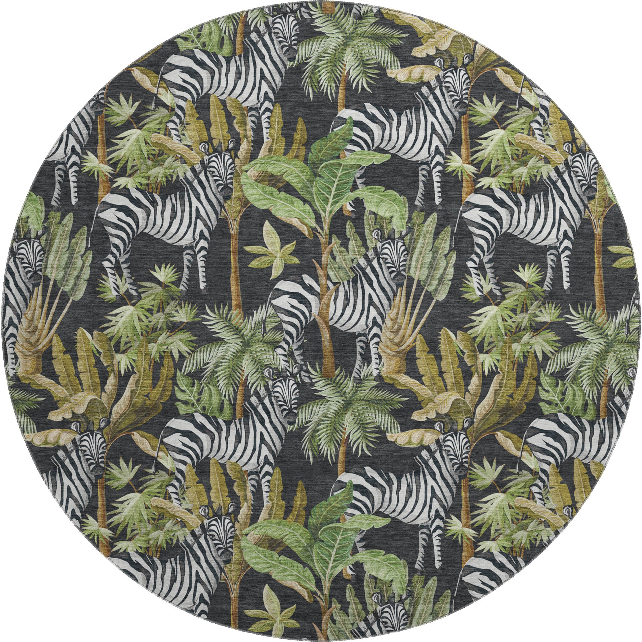 Ghent Machine Washable Tropical Midnight Black Rug 8' x 8' #shape_Round