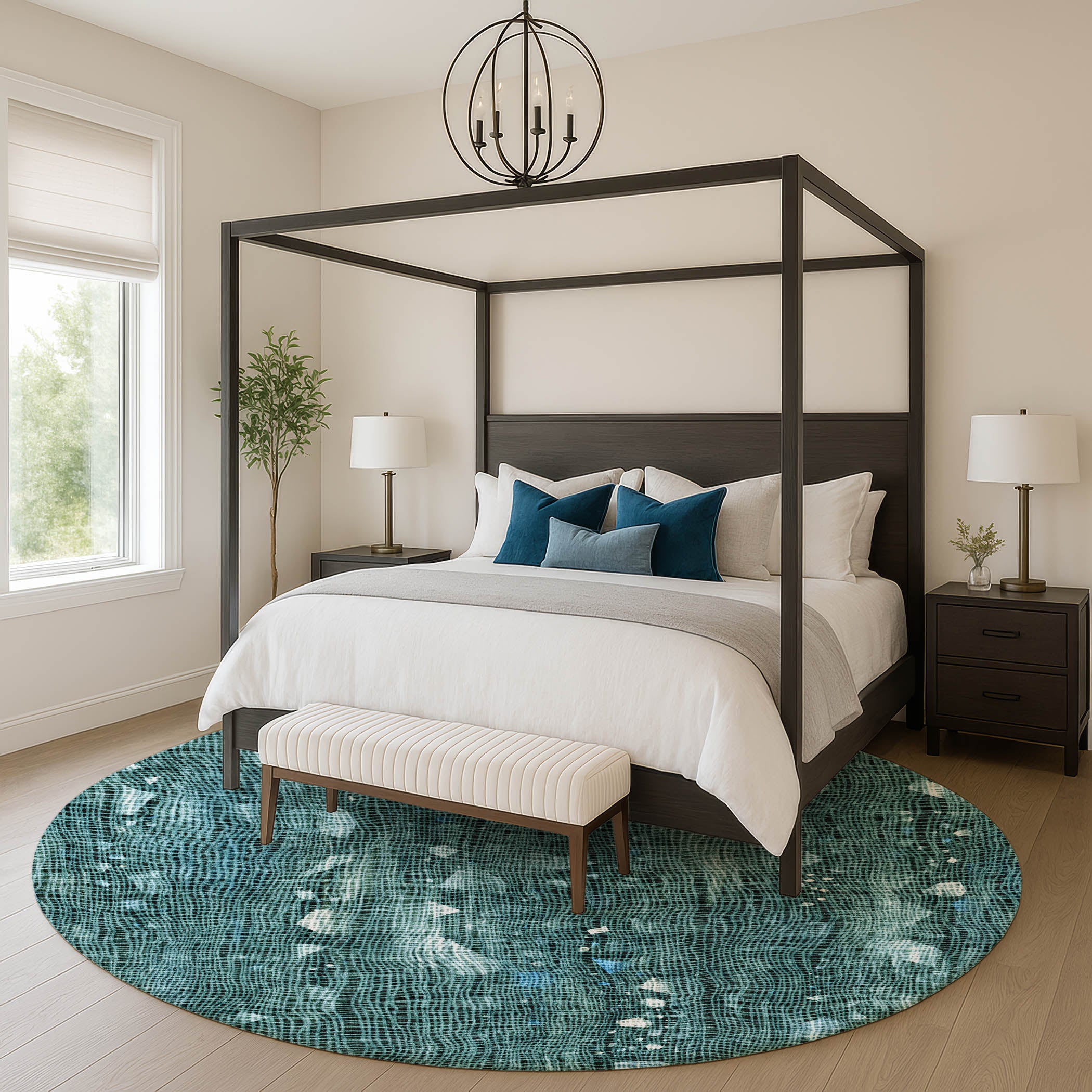 Seville Machine Washable Transitional Teal Rug 8' x 8' #shape_Round