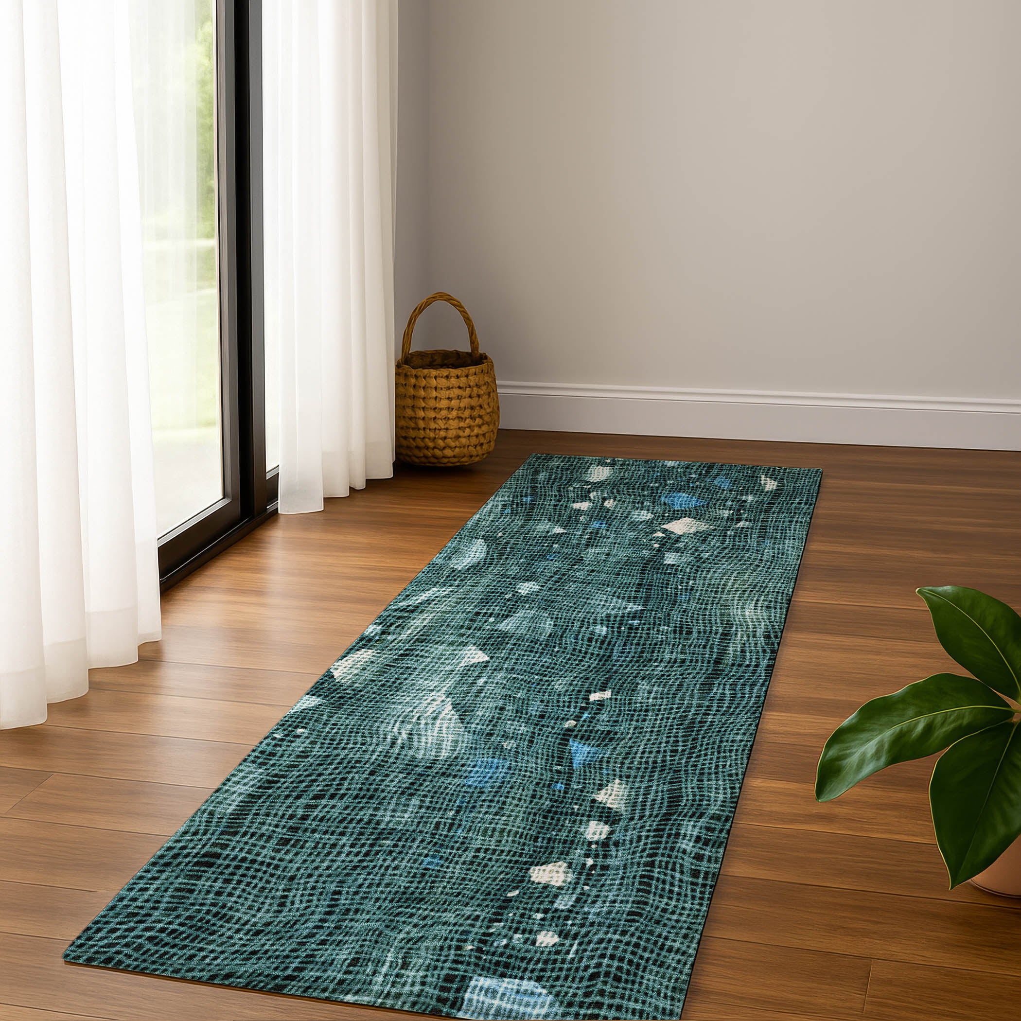 Seville Machine Washable Transitional Teal Rug 2'3" x 7'6" #shape_Runner