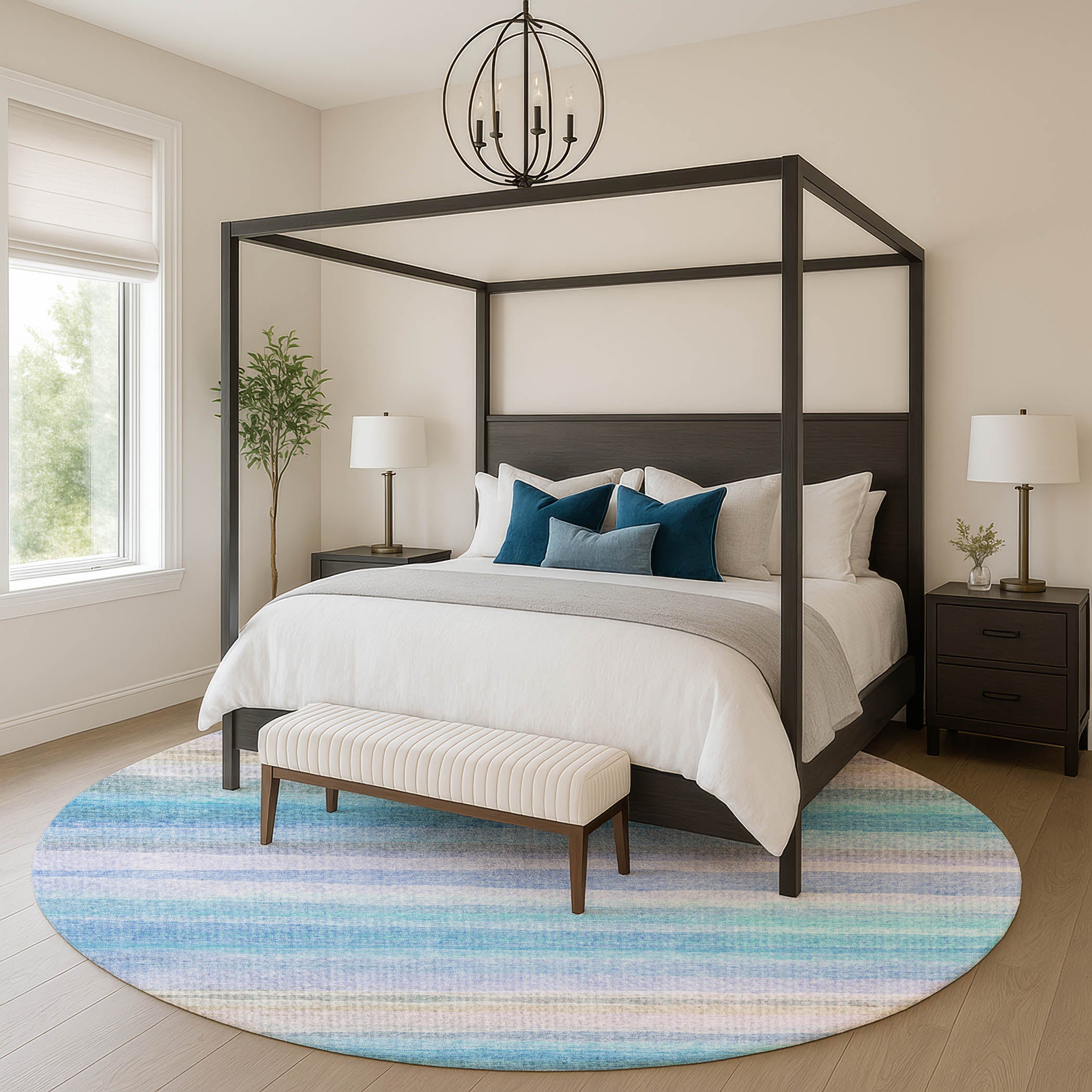 Athens Machine Washable Transitional Aqua Teal Rug 8' x 8' #shape_Round