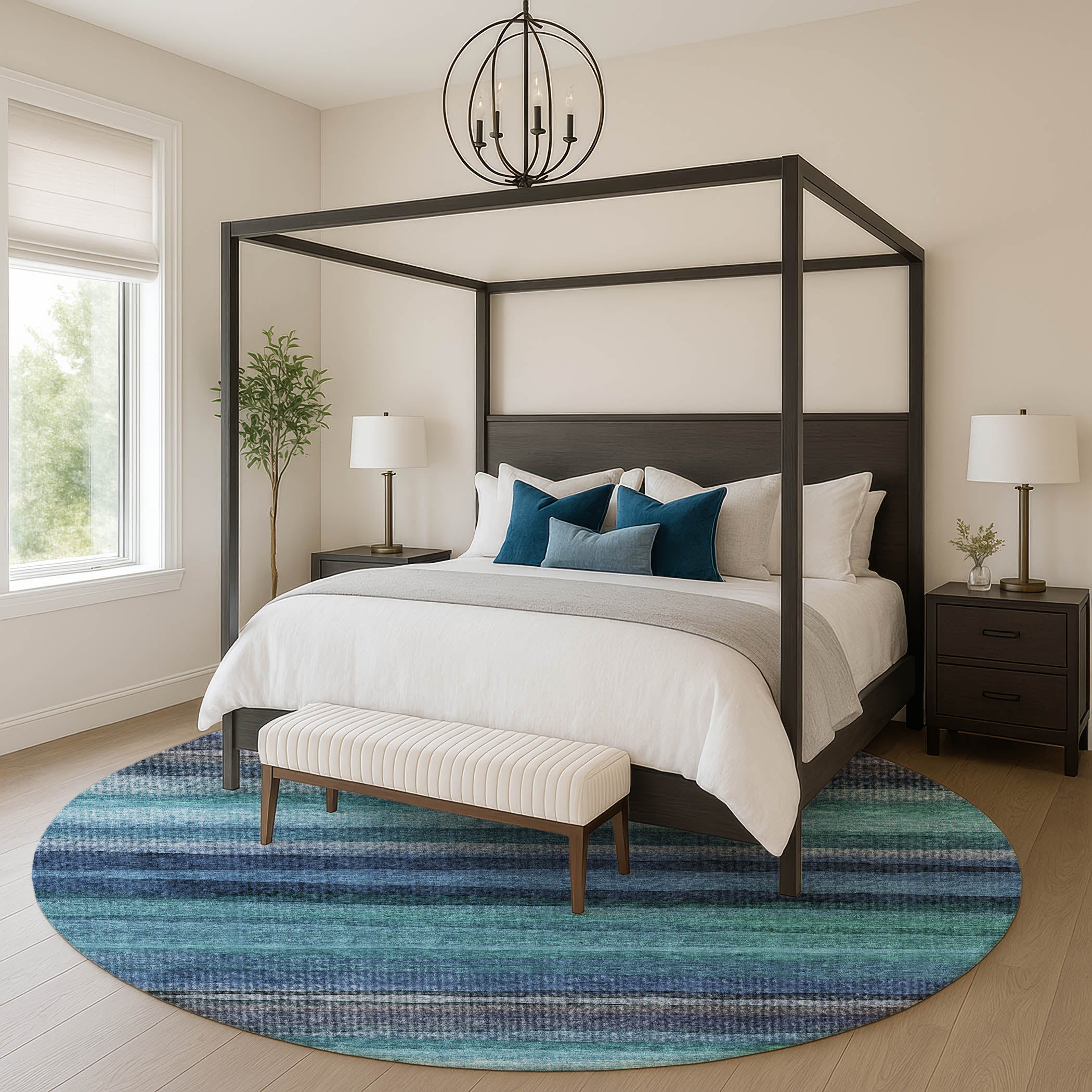 Athens Machine Washable Transitional Teal Rug 8' x 8' #shape_Round