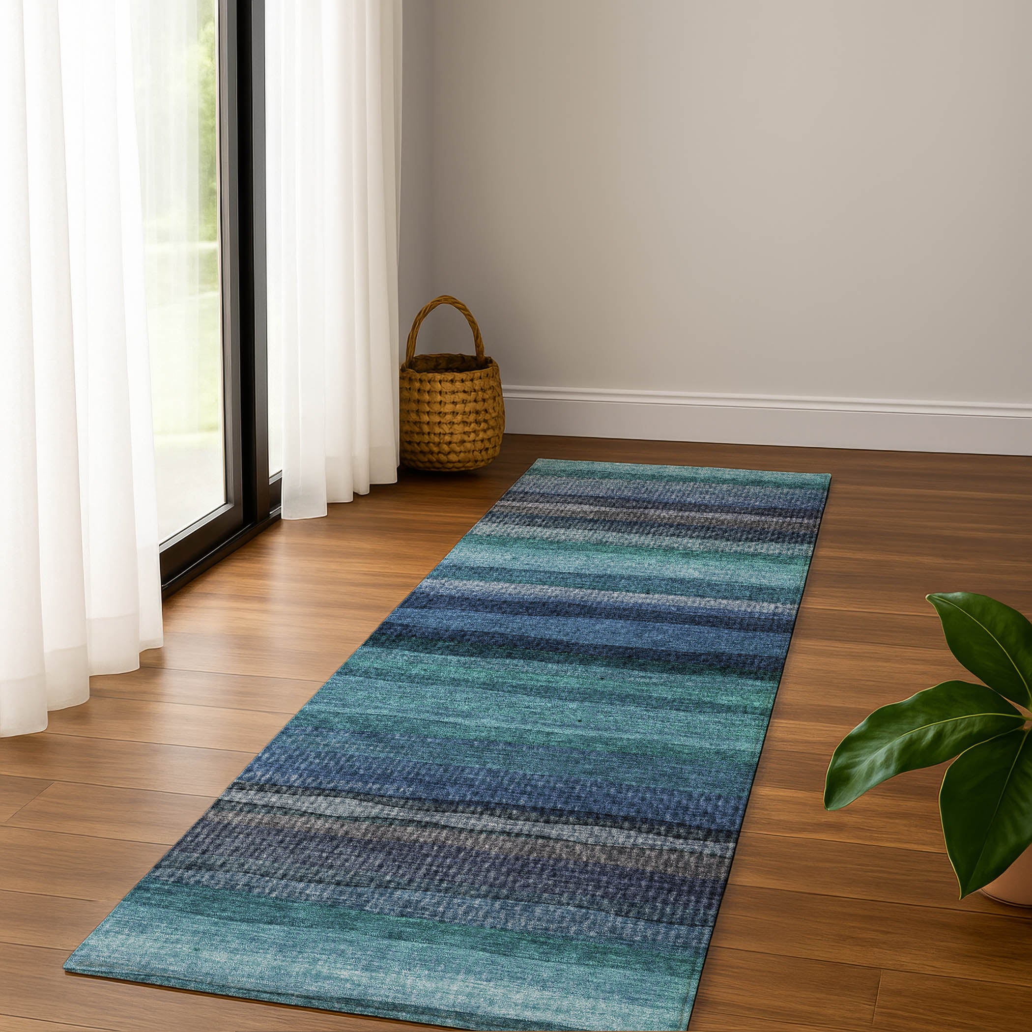 Athens Machine Washable Transitional Teal Rug 2'3" x 7'6" #shape_Runner