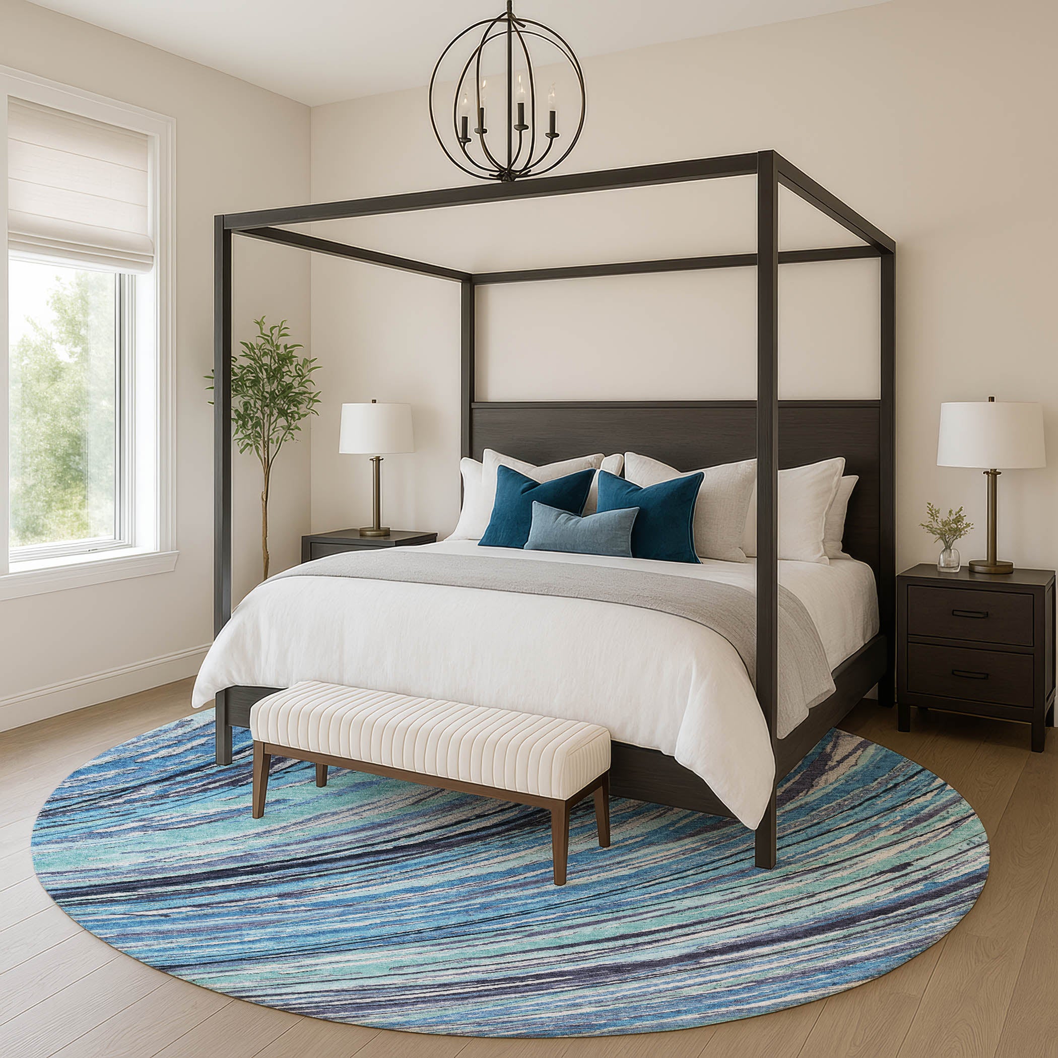 Tbilisi Machine Washable Transitional Blue Rug 8' x 8' #shape_Round