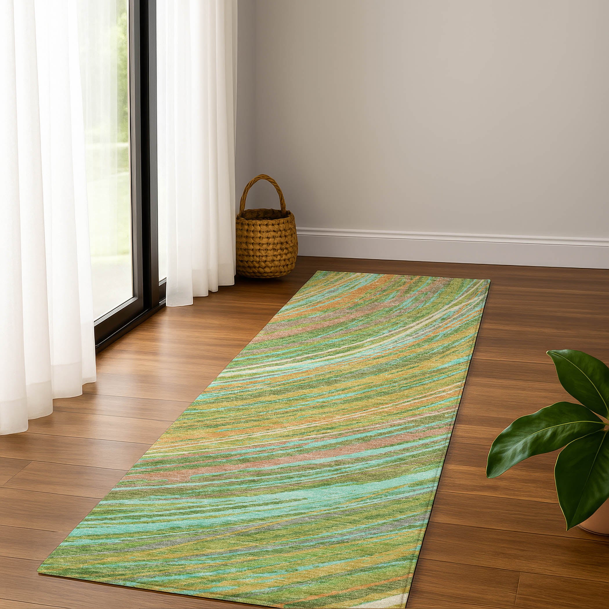 Tbilisi Machine Washable Transitional Green Rug 2'3" x 7'6" #shape_Runner