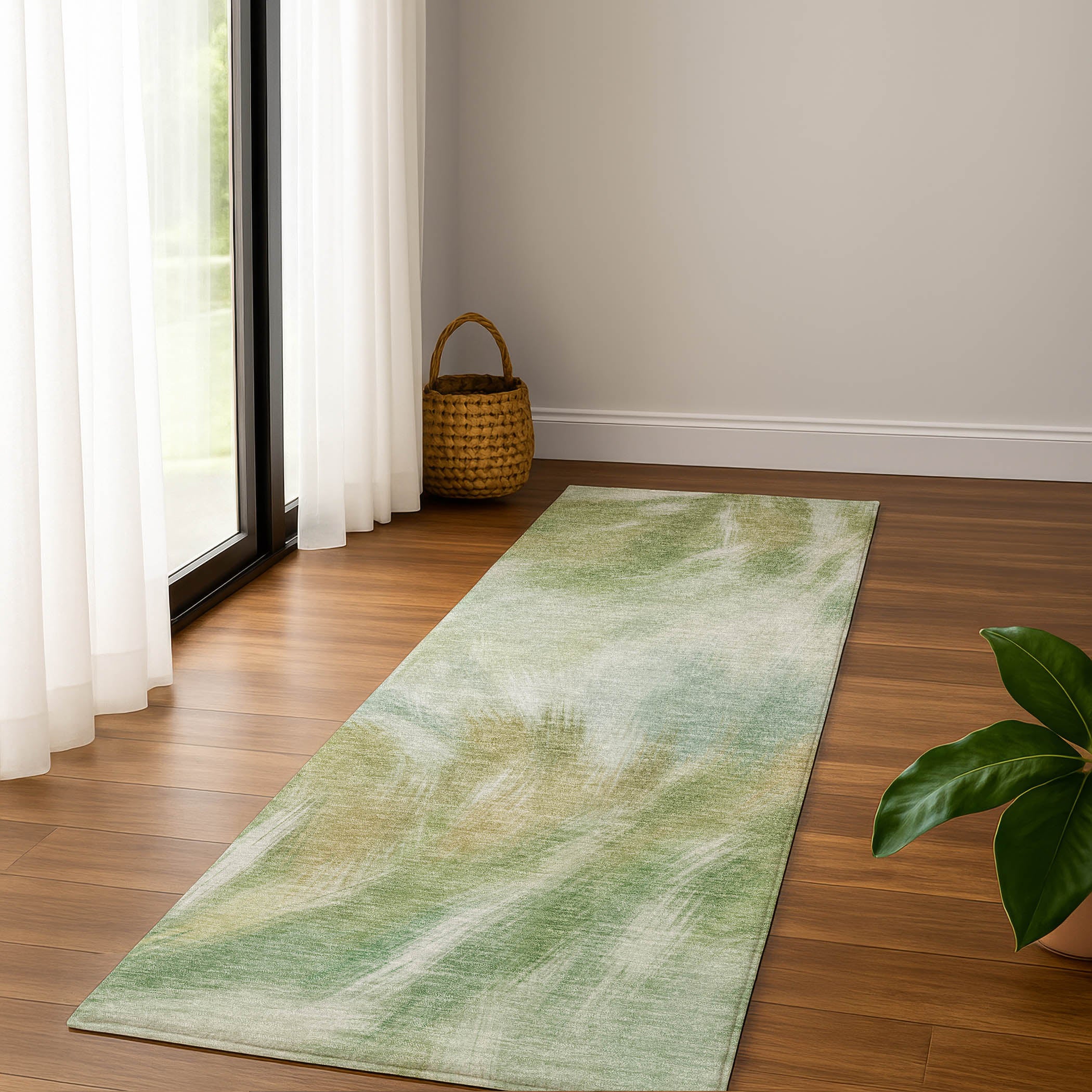 Split Machine Washable Transitional Green Rug 2'3" x 7'6" #shape_Runner