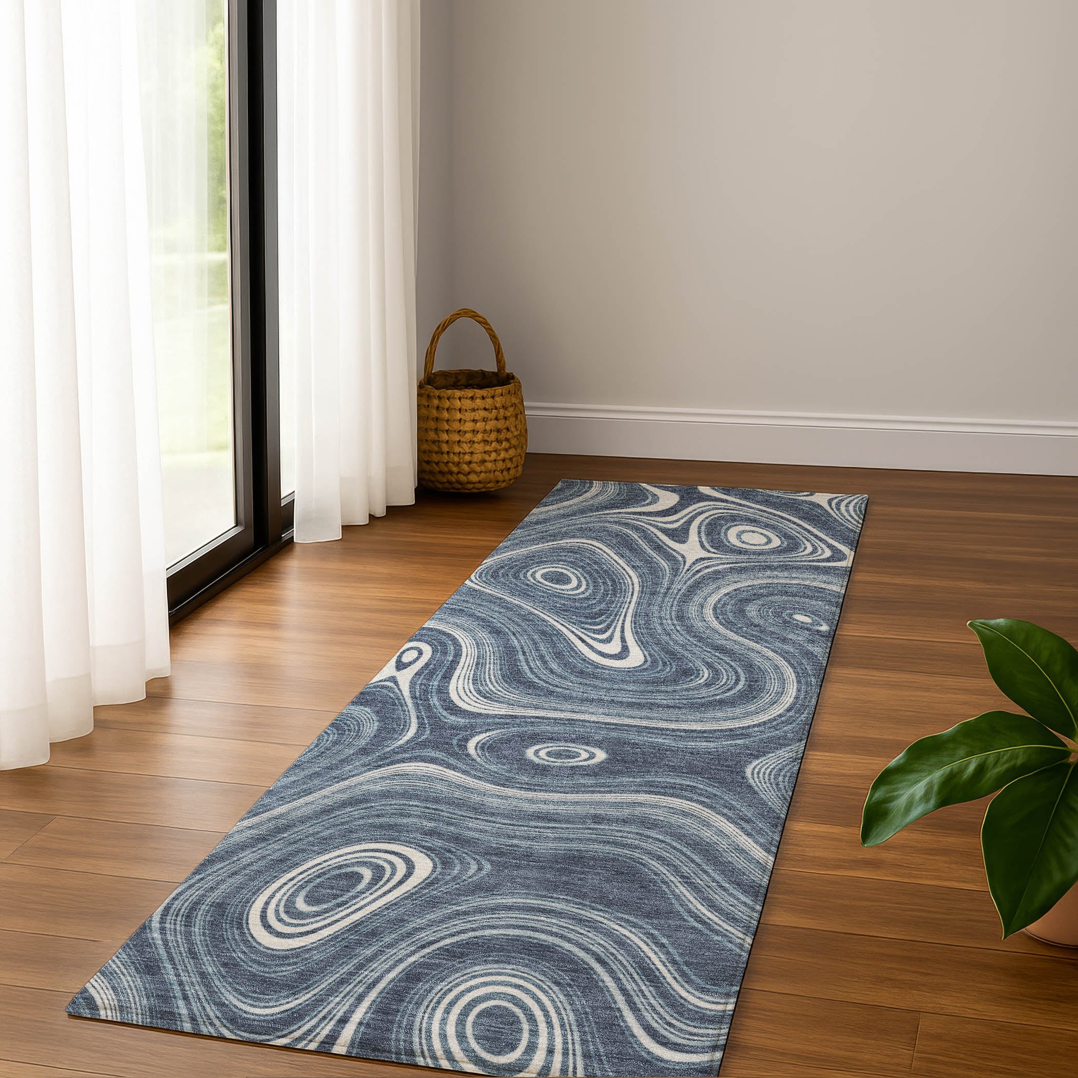 Istanbul Machine Washable Transitional Blue Rug 2'3" x 7'6" #shape_Runner
