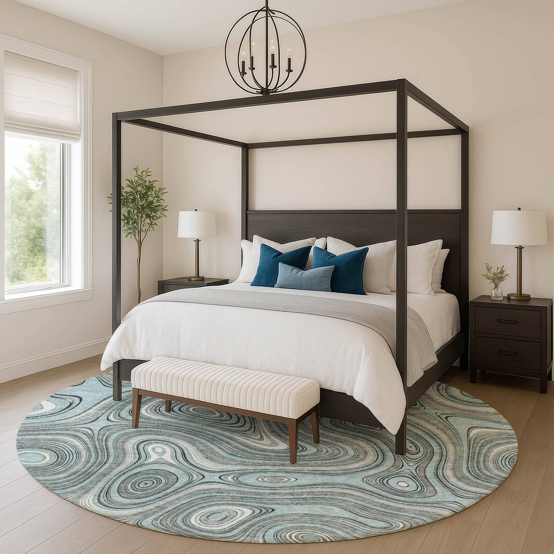 Istanbul Machine Washable Transitional Sky Blue Rug 8' x 8' #shape_Round