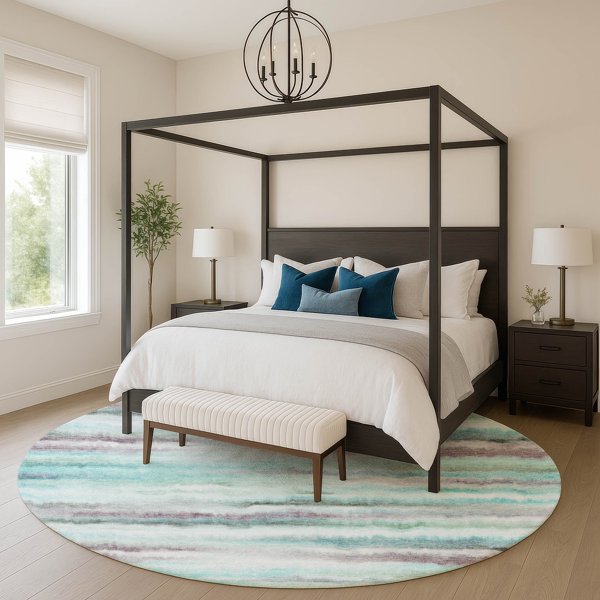 Sintra Machine Washable Transitional Teal Rug 8' x 8' #shape_Round
