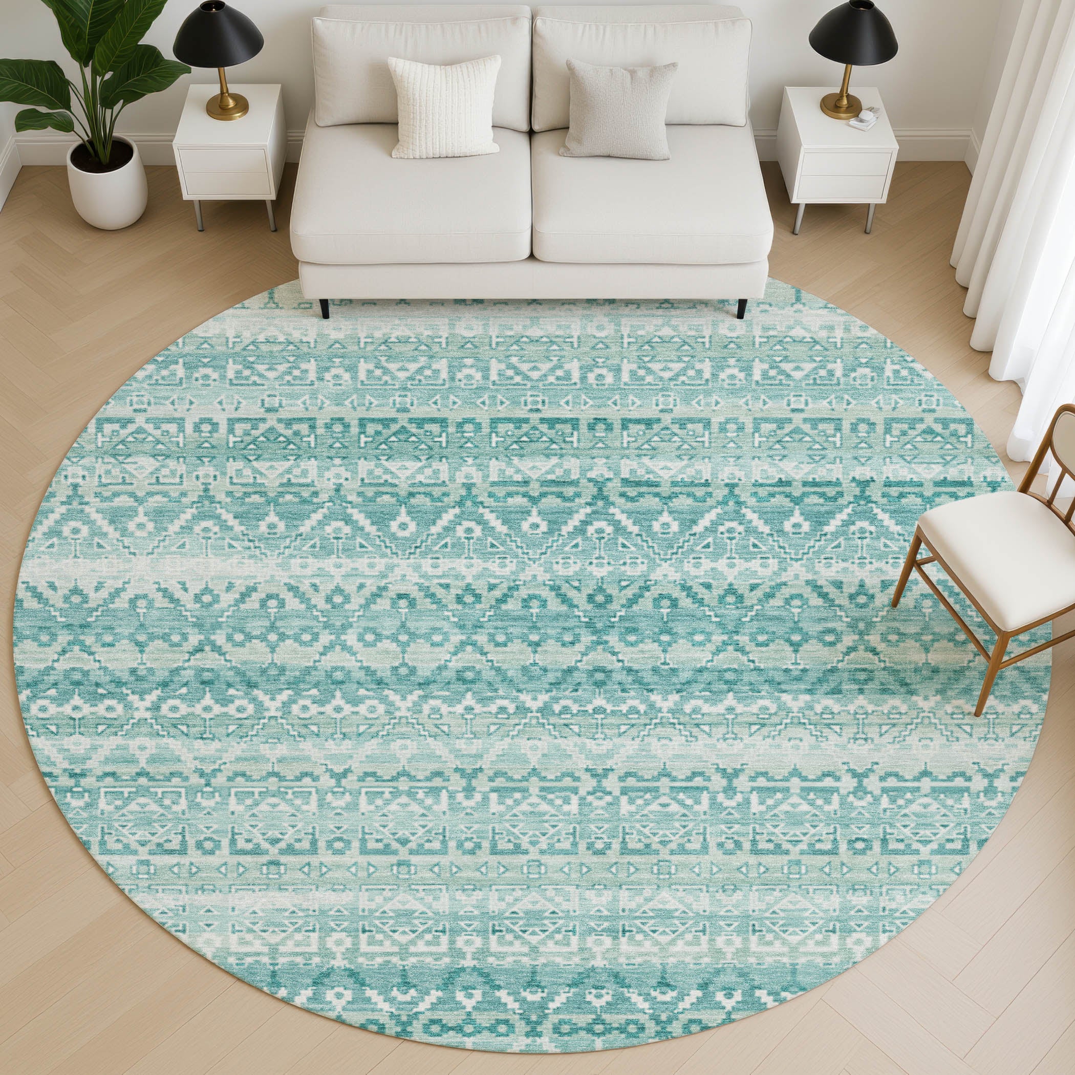 Kotor Machine Washable Transitional Aqua Teal Rug 8' x 8' #shape_Round