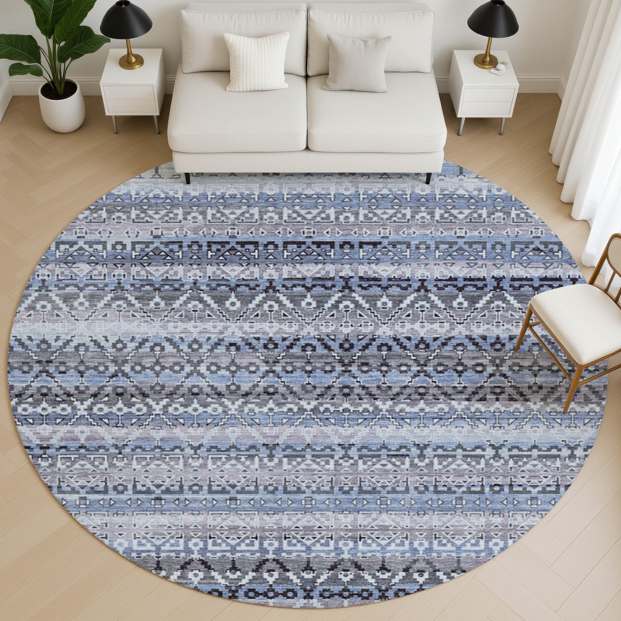 Kotor Machine Washable Transitional Blue Rug 8' x 8' #shape_Round