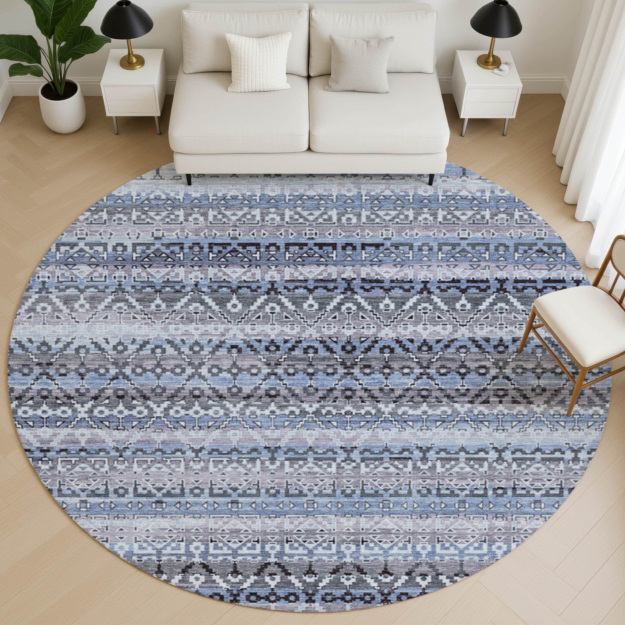 Kotor Machine Washable Transitional Blue Rug 8' x 8' #shape_Round