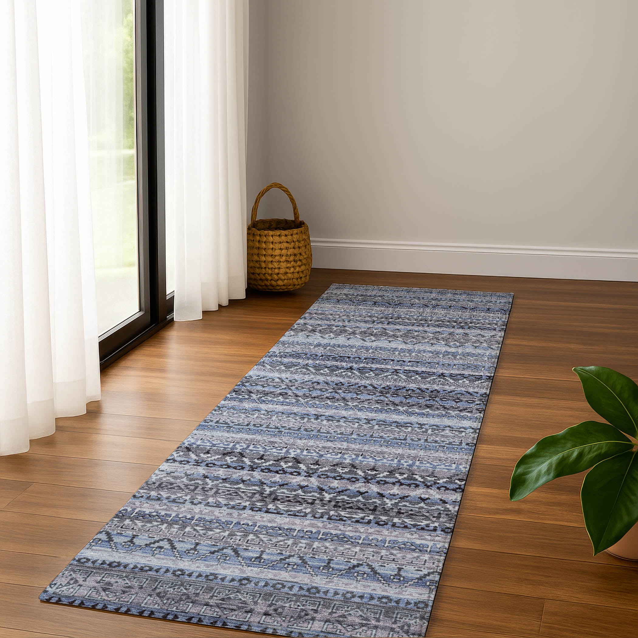 Kotor Machine Washable Transitional Blue Rug 2'3" x 7'6" #shape_Runner