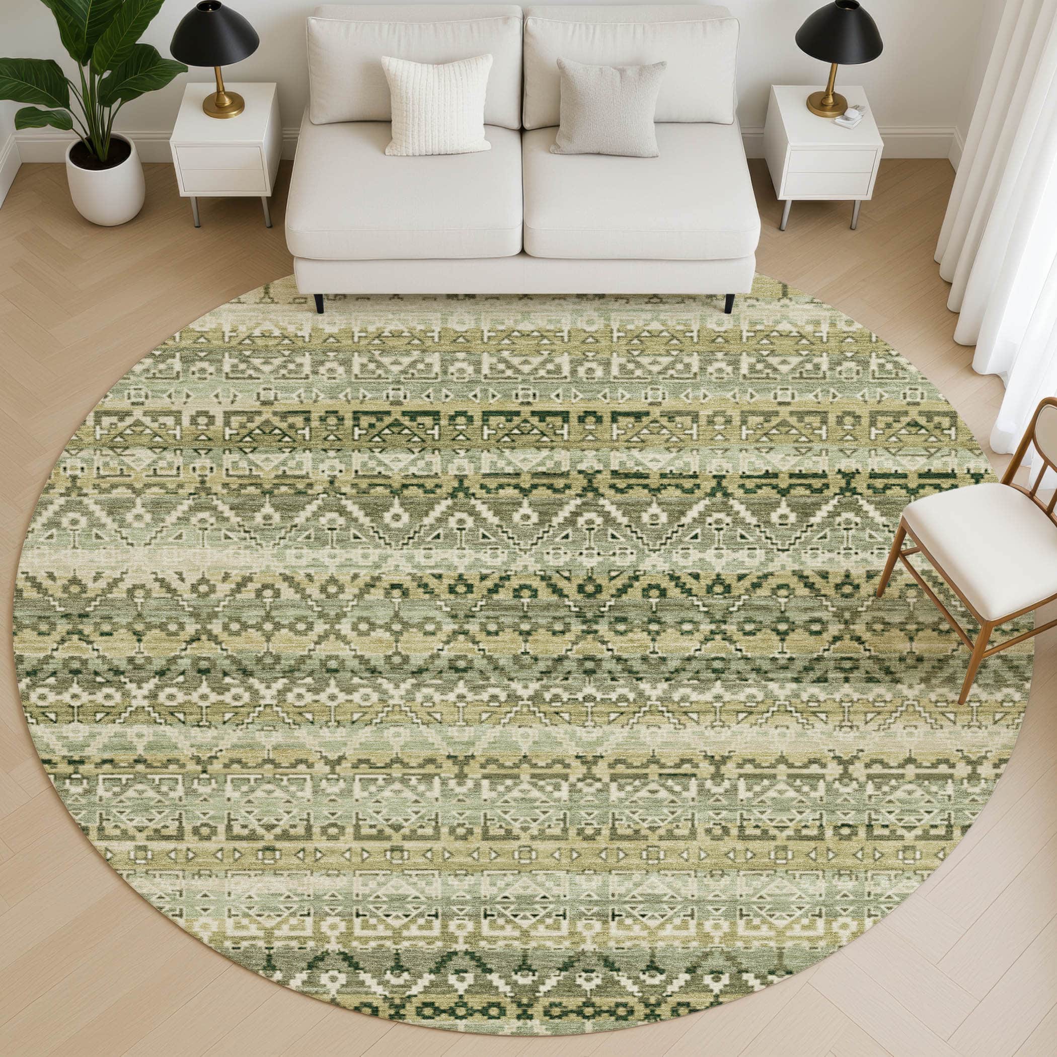 Kotor Machine Washable Transitional Green Rug 8' x 8' #shape_Round