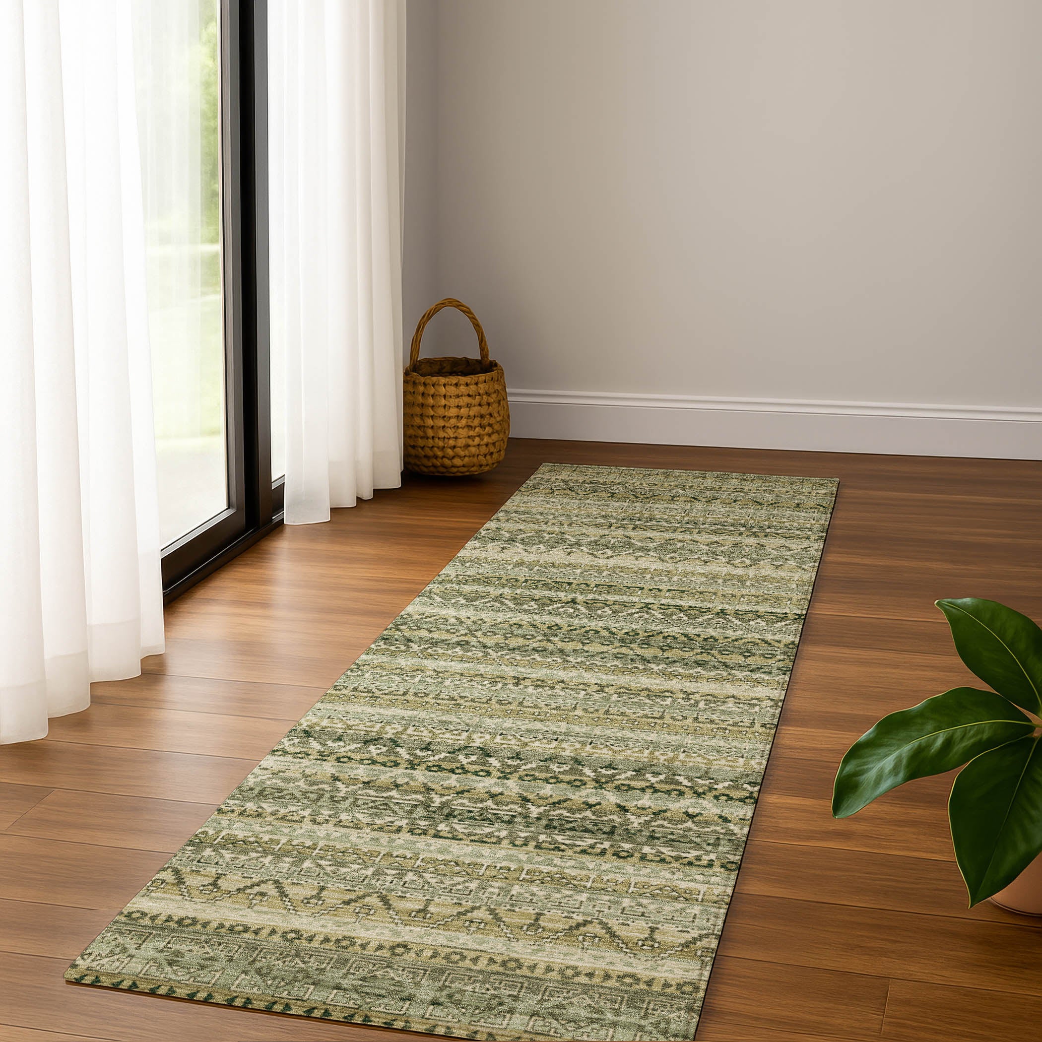 Kotor Machine Washable Transitional Green Rug 2'3" x 7'6" #shape_Runner