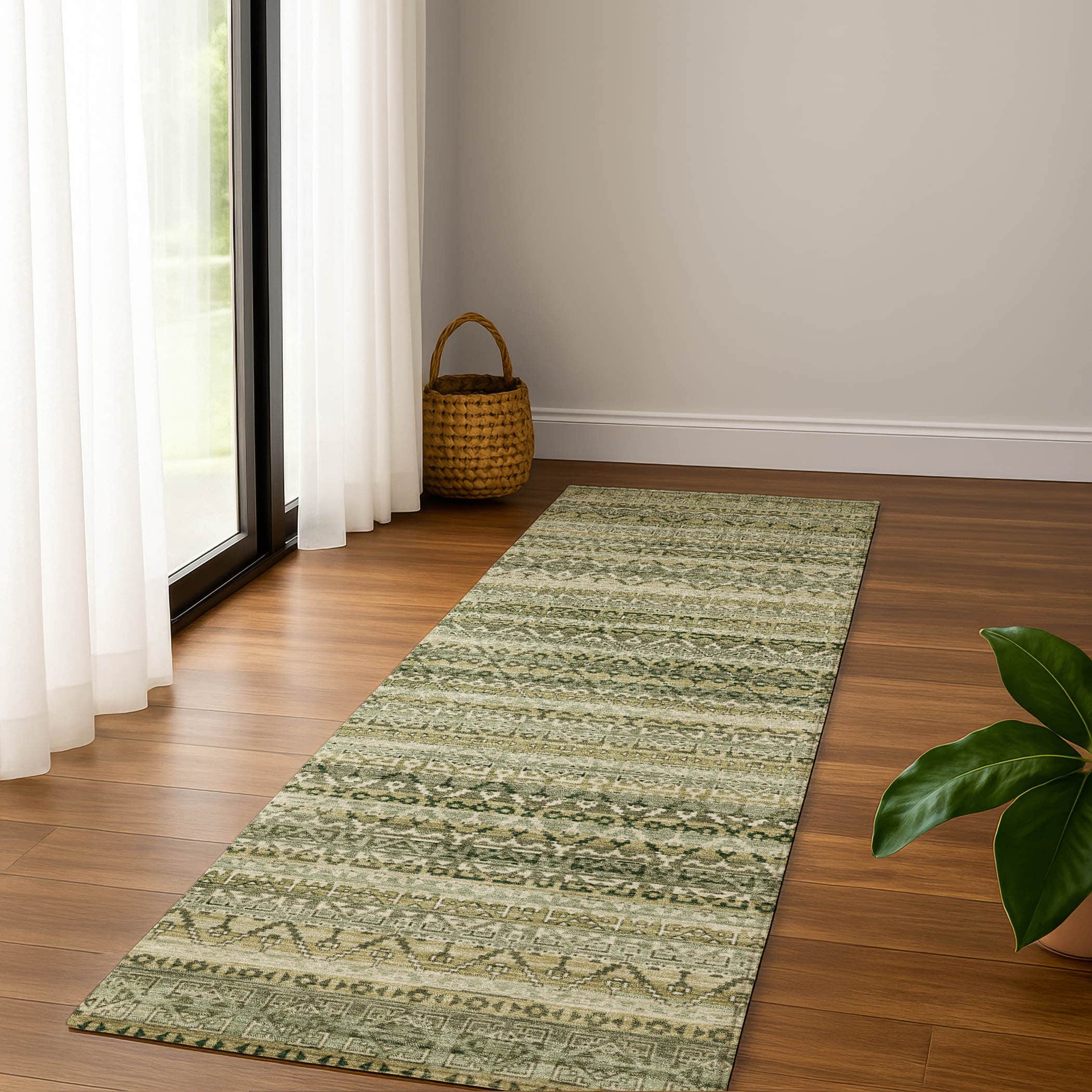 Kotor Machine Washable Transitional Green Rug 2'3" x 7'6" #shape_Runner