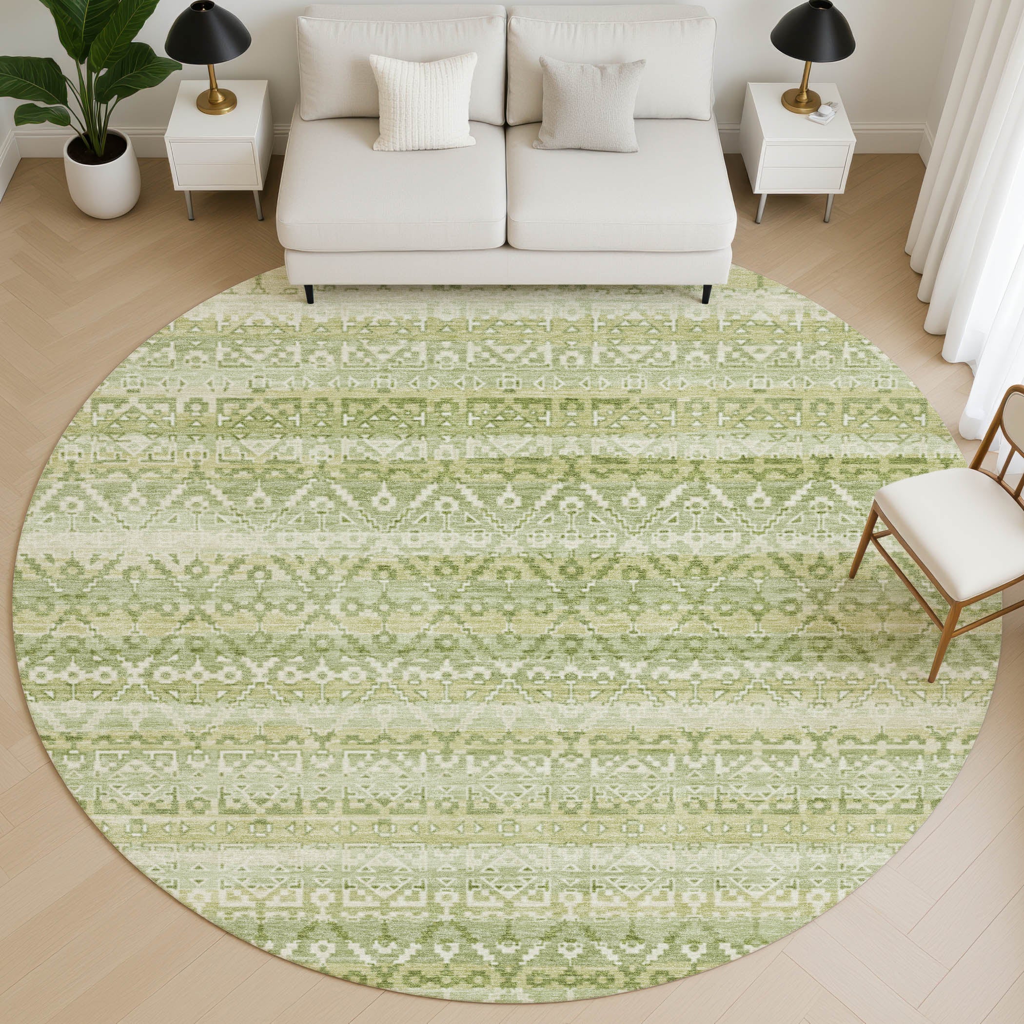 Kotor Machine Washable Transitional Sage Green Rug 8' x 8' #shape_Round