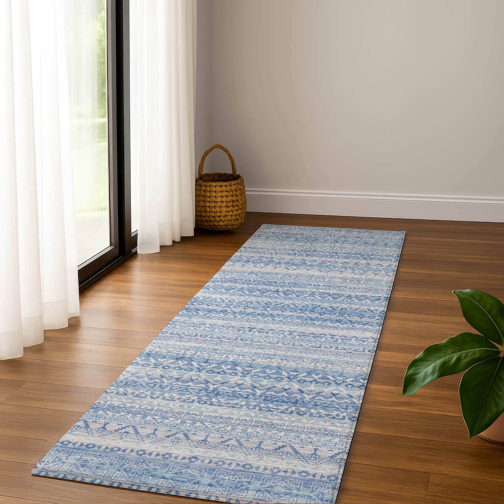 Kotor Machine Washable Transitional Sky Blue Rug 2'3" x 7'6" #shape_Runner