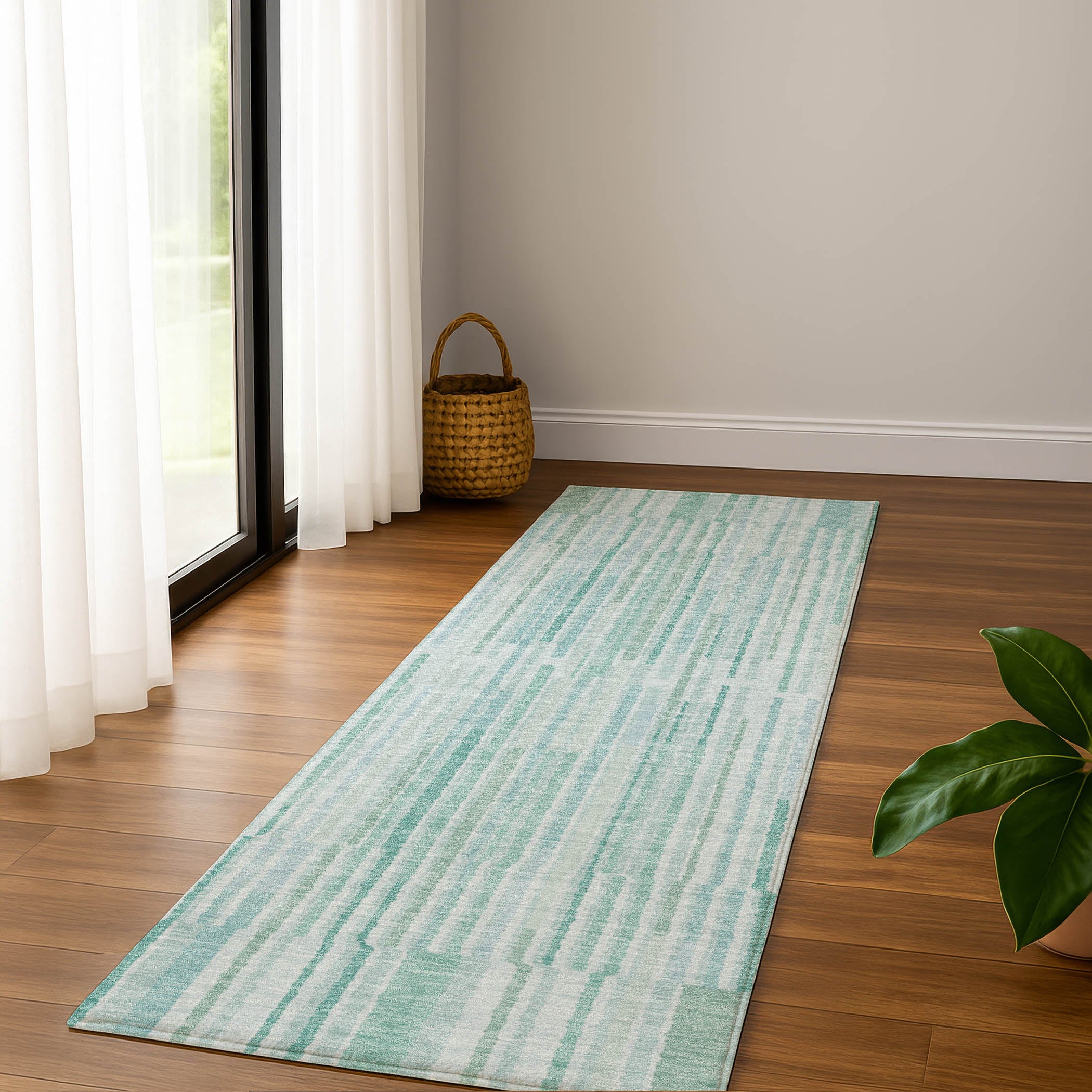 Cusco Machine Washable Transitional Turquoise Teal Rug 2'3" x 7'6" #shape_Runner