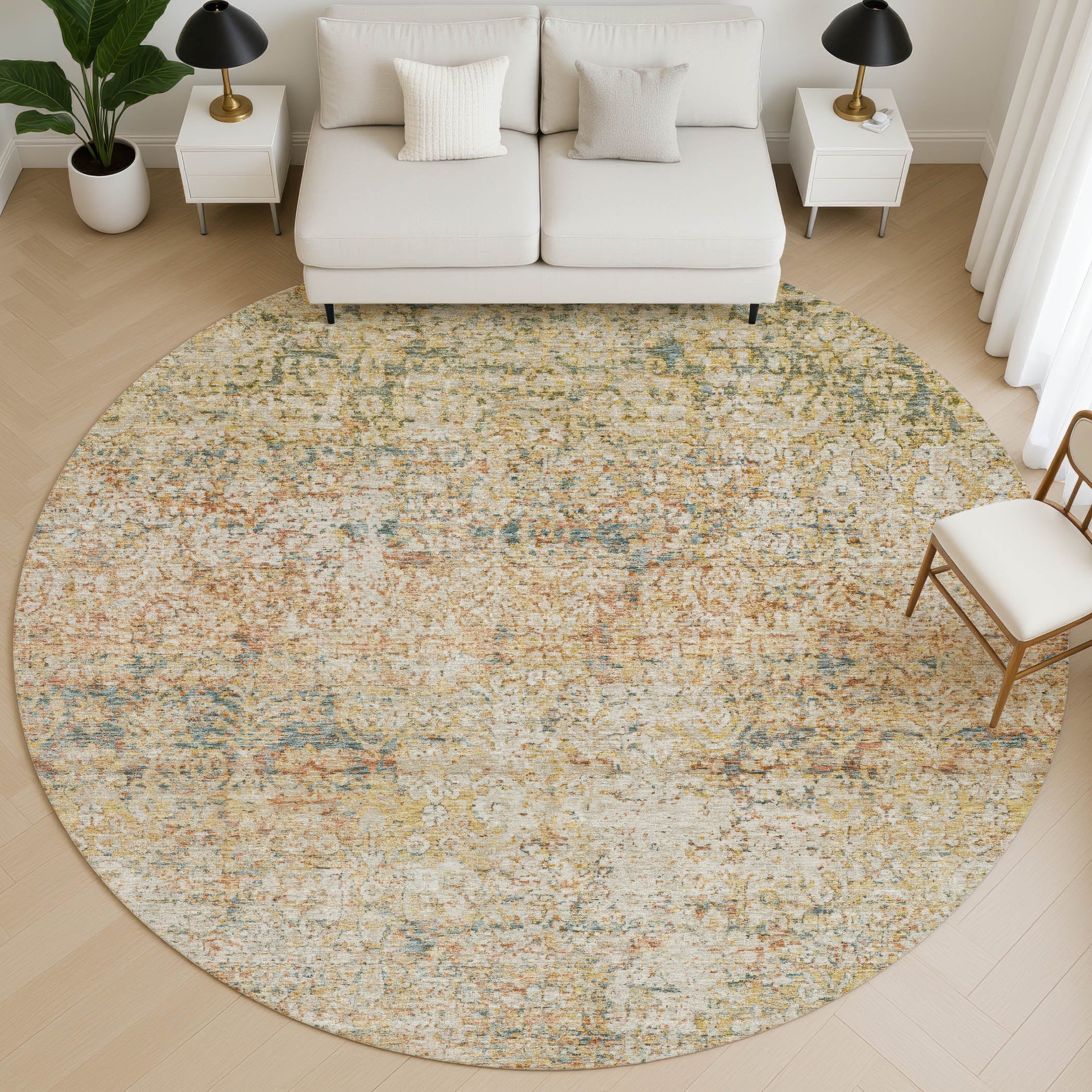 Dubrovnik Machine Washable Traditional Gold Rug 8' x 8' #shape_Round