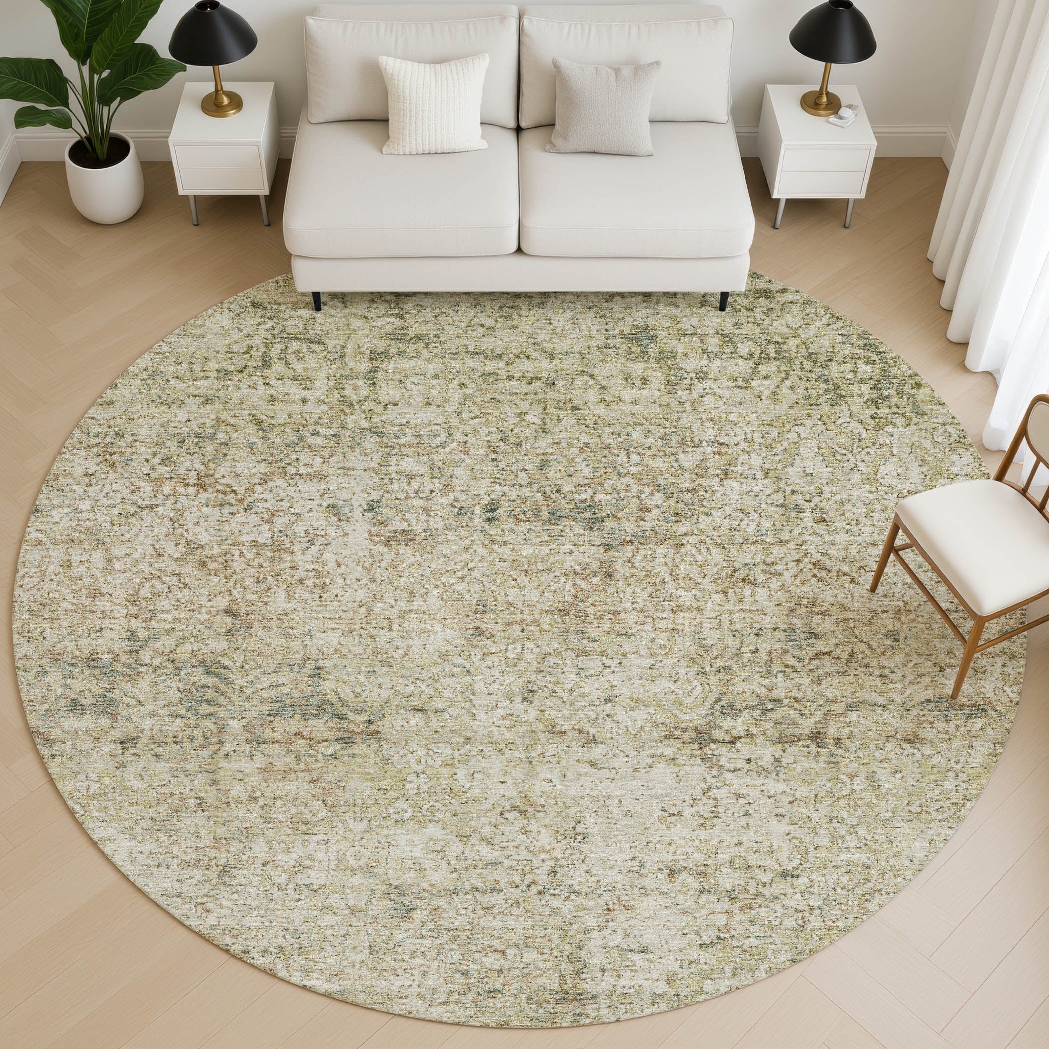 Dubrovnik Machine Washable Traditional Sage Green Rug 8' x 8' #shape_Round