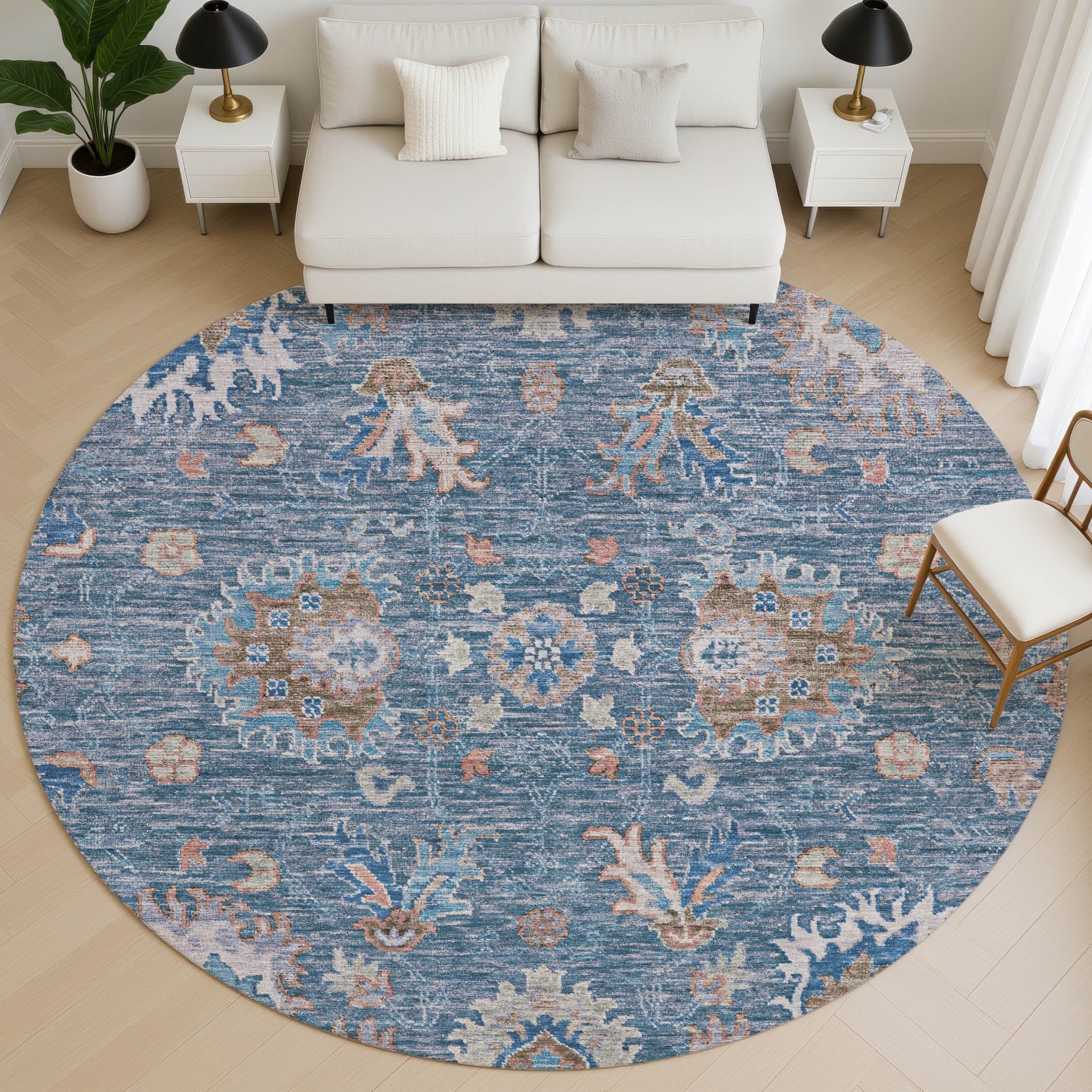 Havana Machine Washable Traditional Blue Rug 8' x 8' #shape_Round