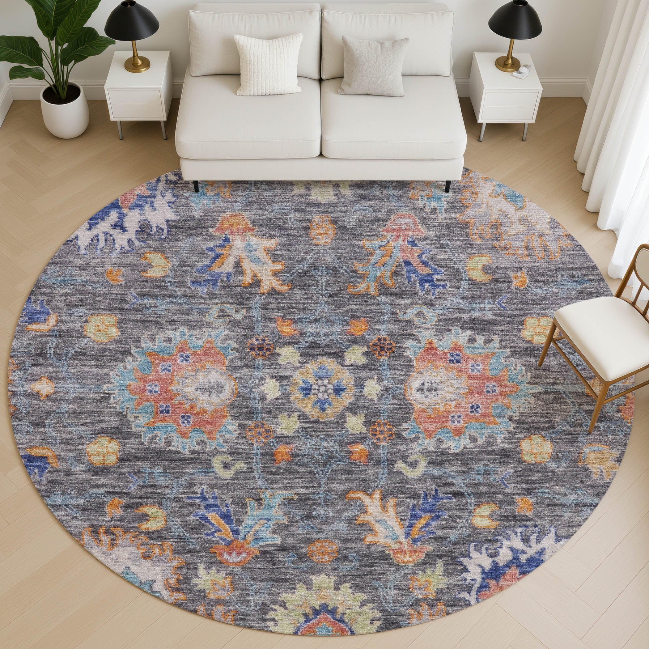Havana Machine Washable Traditional Gray Rug 8' x 8' #shape_Round