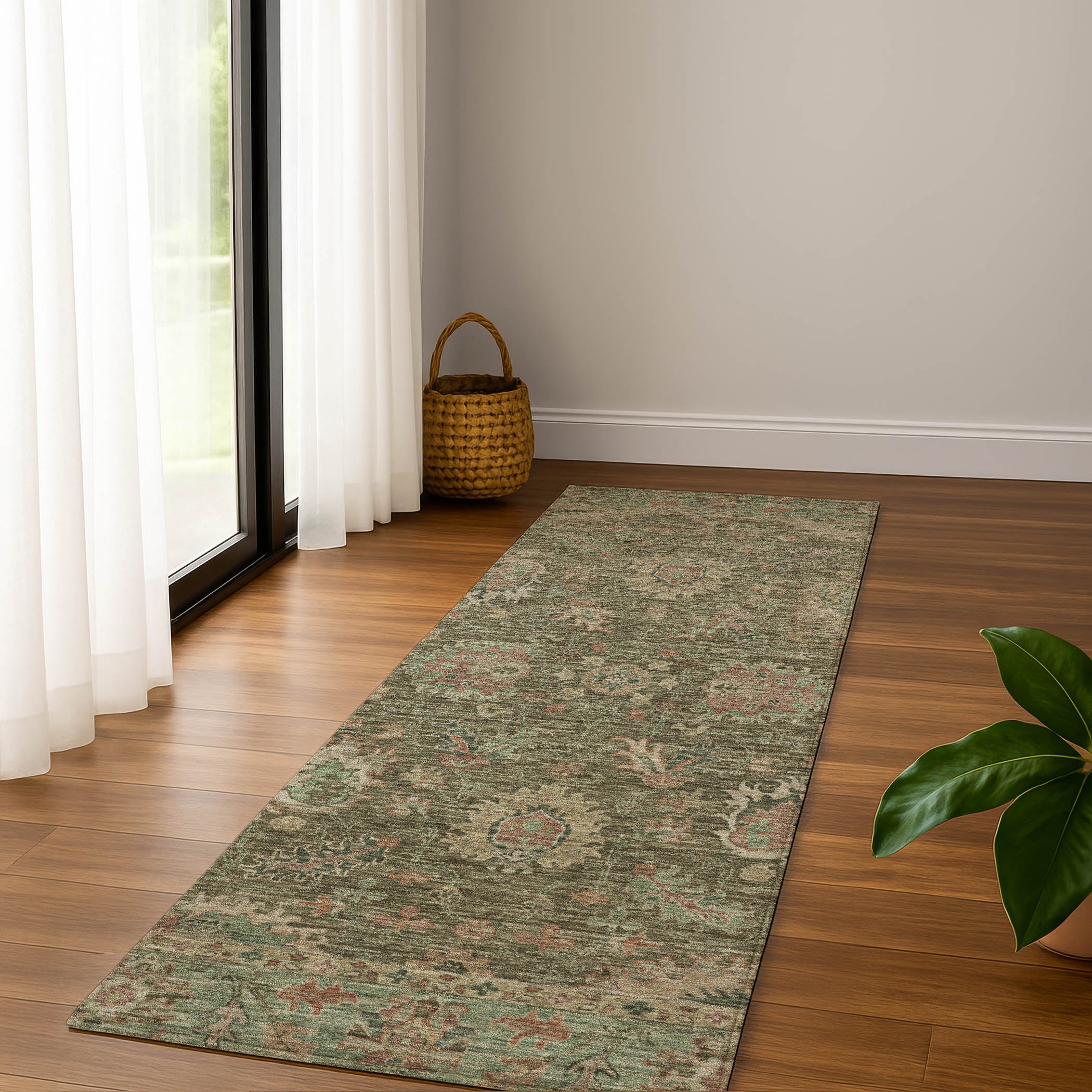 Havana Machine Washable Traditional Olive Green Rug 2'3" x 7'6" #shape_Runner