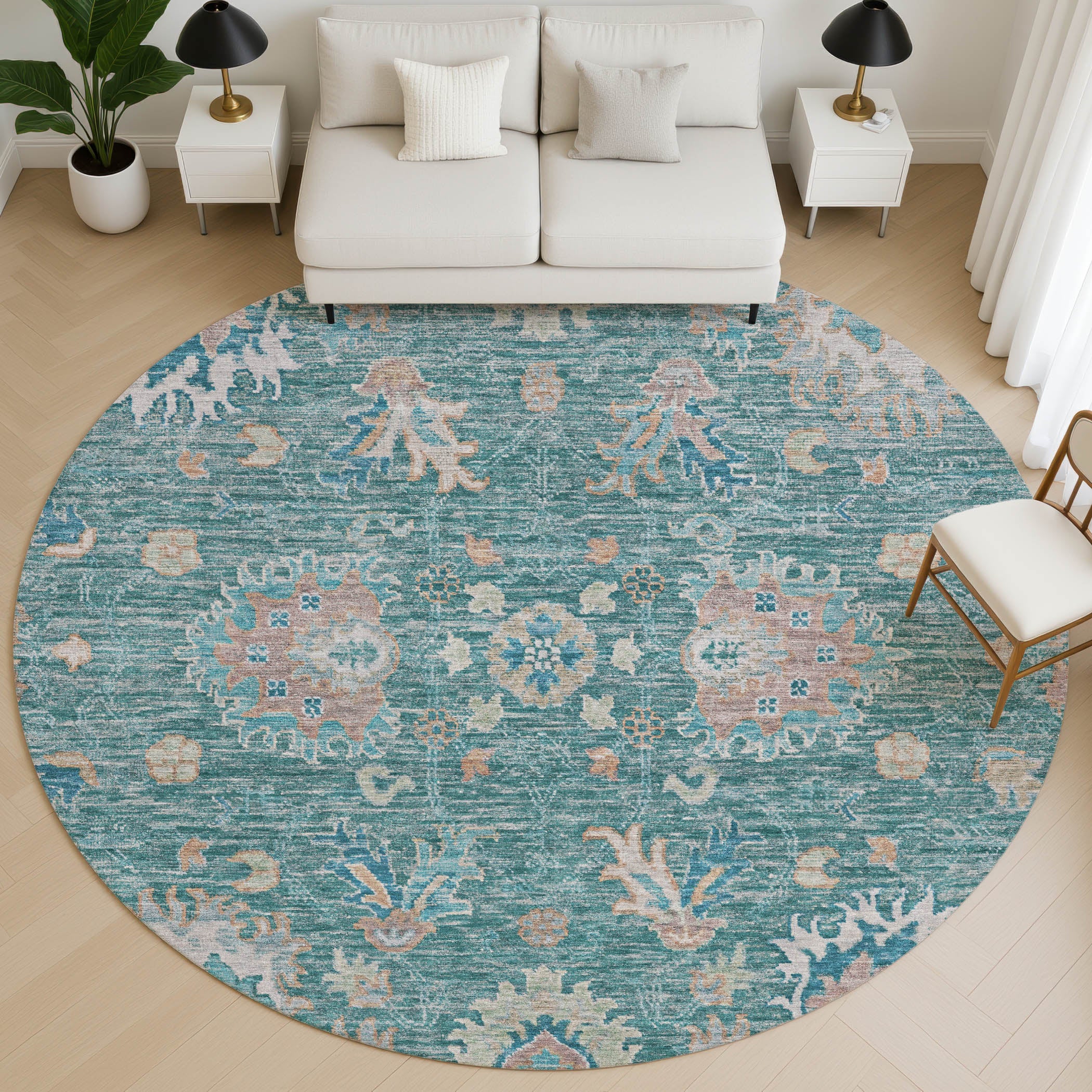 Havana Machine Washable Traditional Teal Rug 8' x 8' #shape_Round