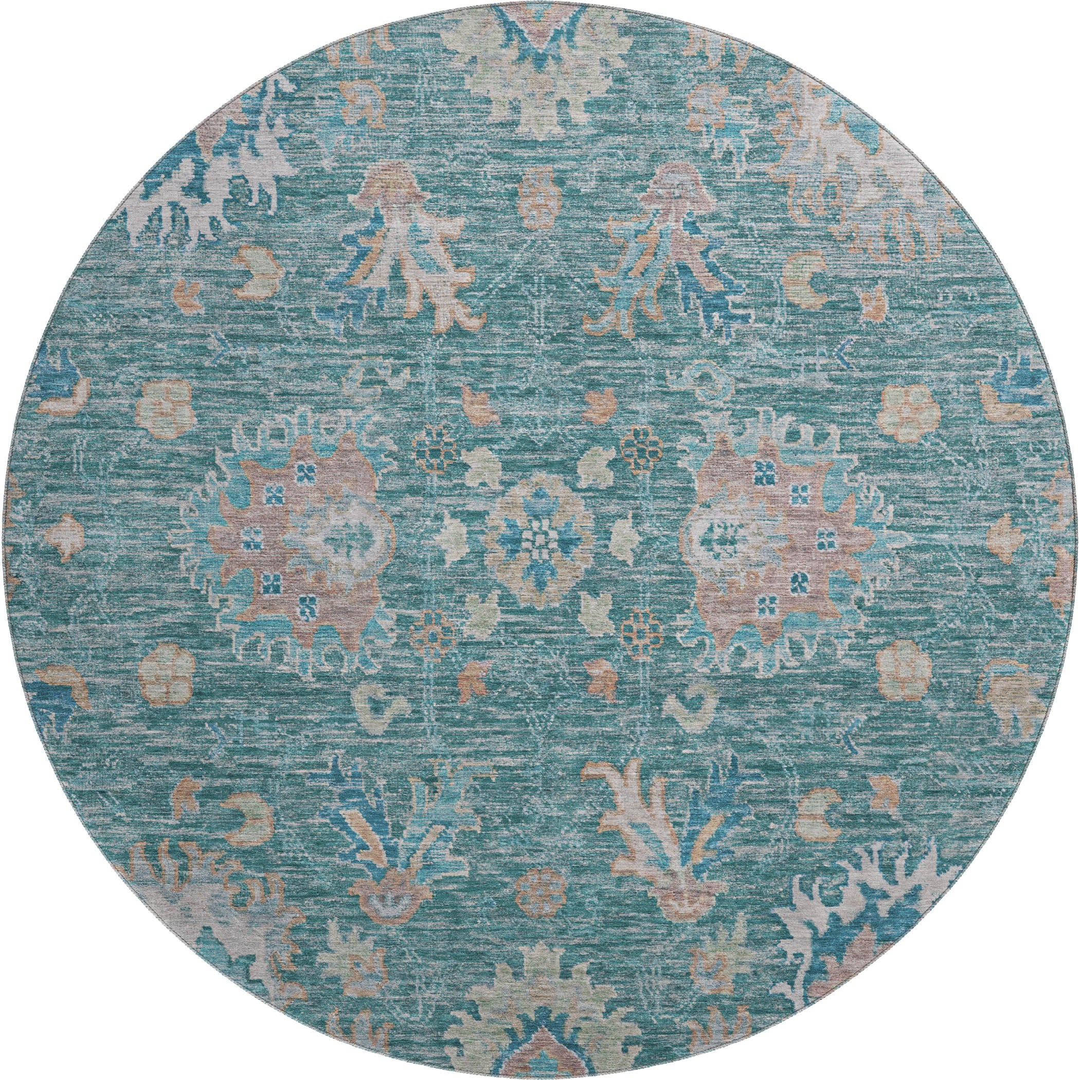 Havana Machine Washable Traditional Teal Rug 8' x 8' #shape_Round